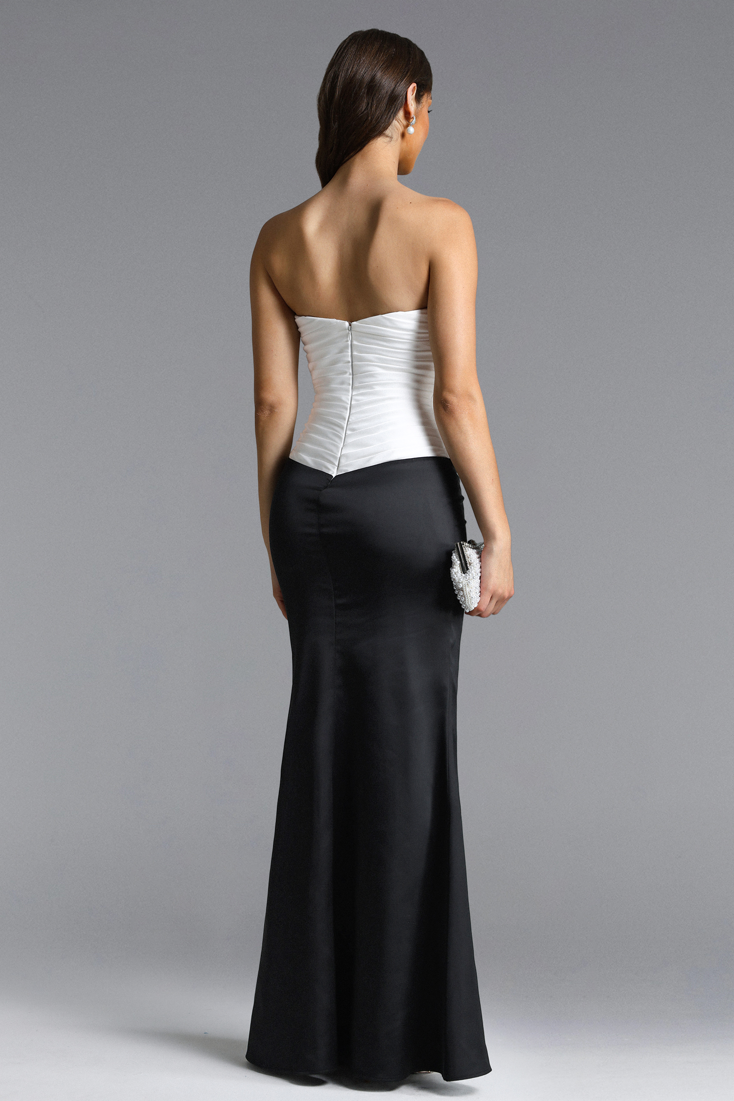 Diona Elegant Contour Strapless Pleated Contrast Satin Maxi Dress