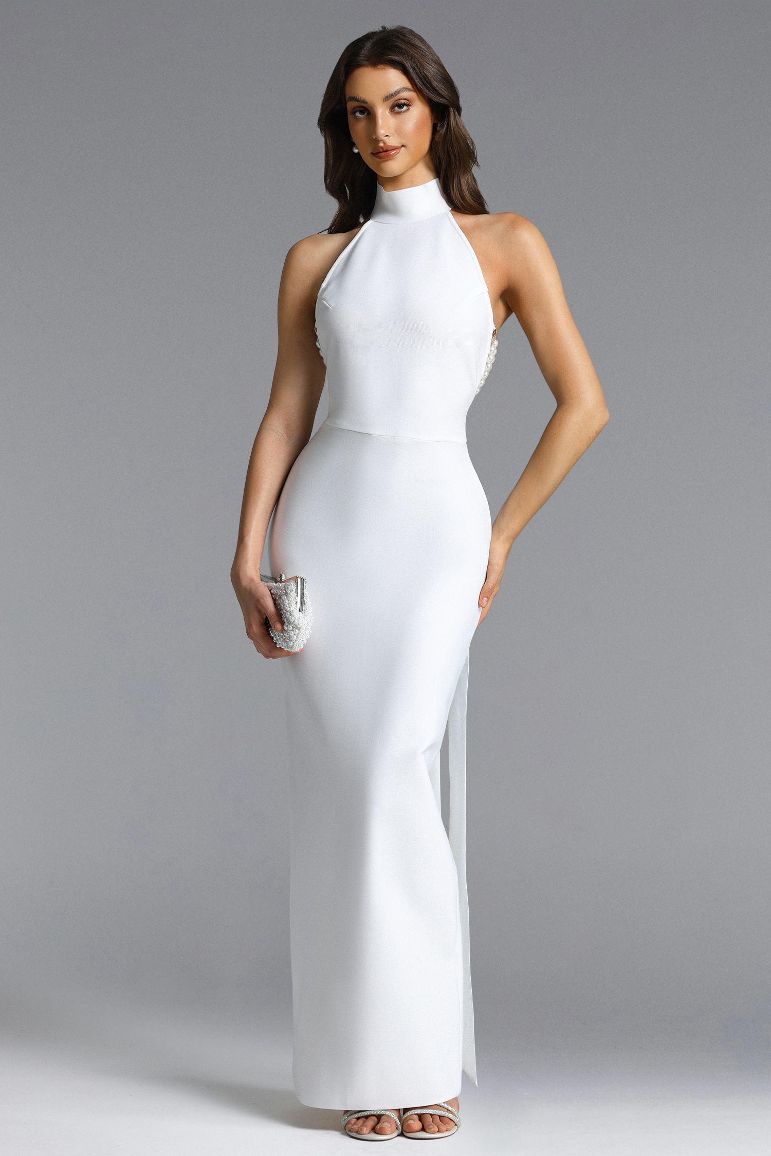 Eanna Romantic Contour Halter Open Back Pearl Chain Bow Maxi Dress