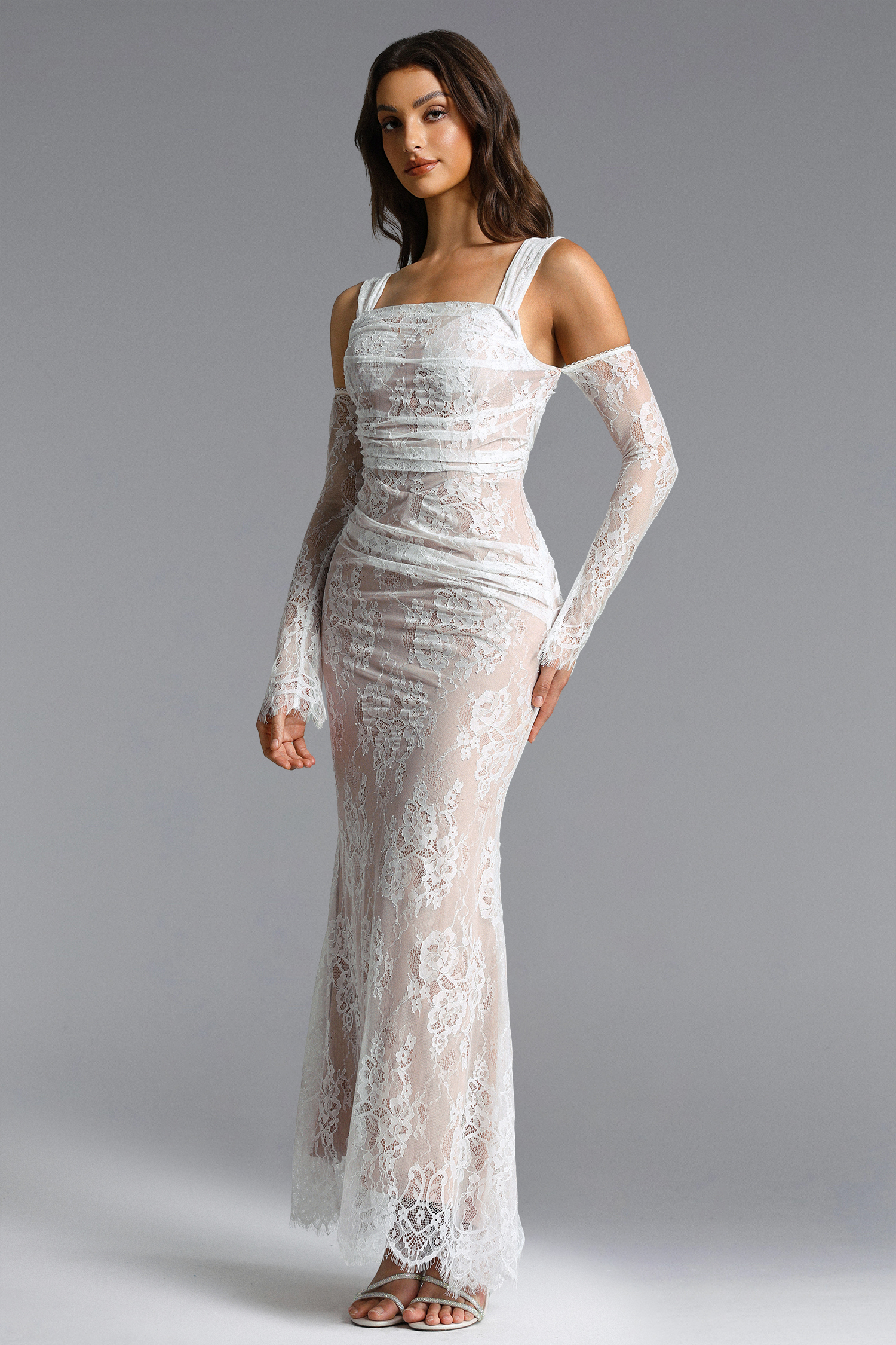 Tegan Romantic Flowy Ruched Lace Maxi Dress