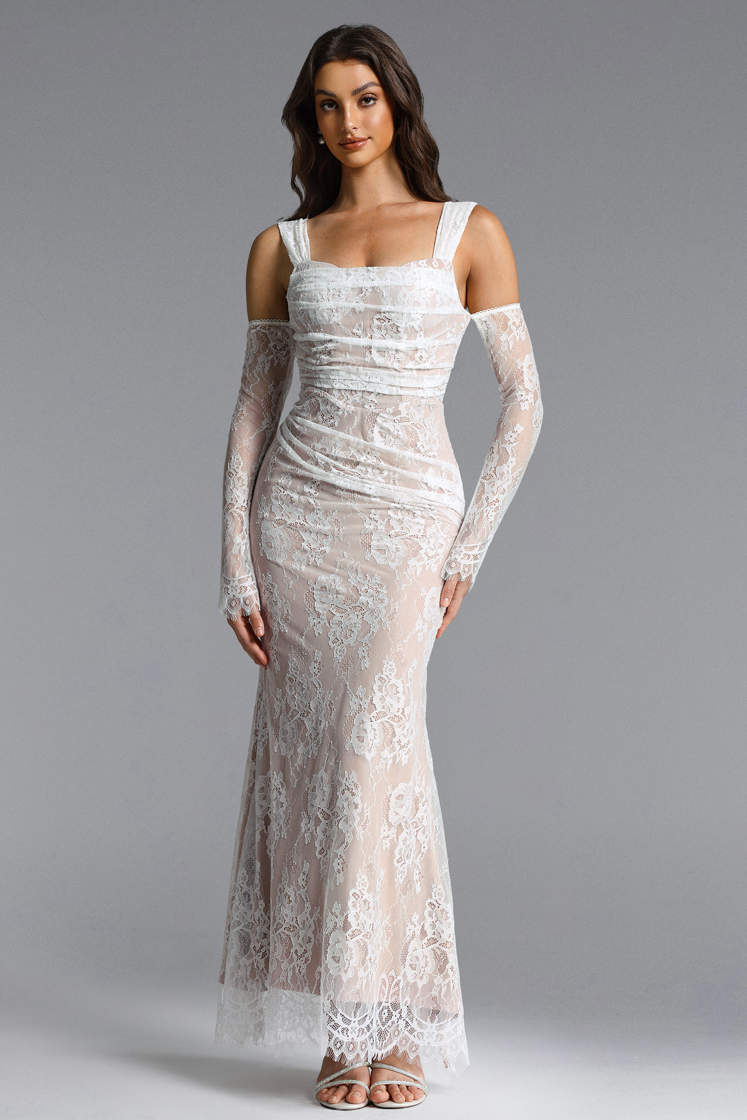 Tegan Romantic Flowy Ruched Lace Maxi Dress