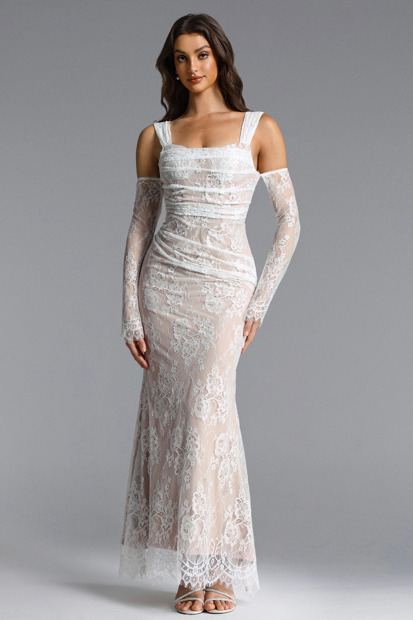 Tegan Romantic Flowy Ruched Lace Maxi Dress