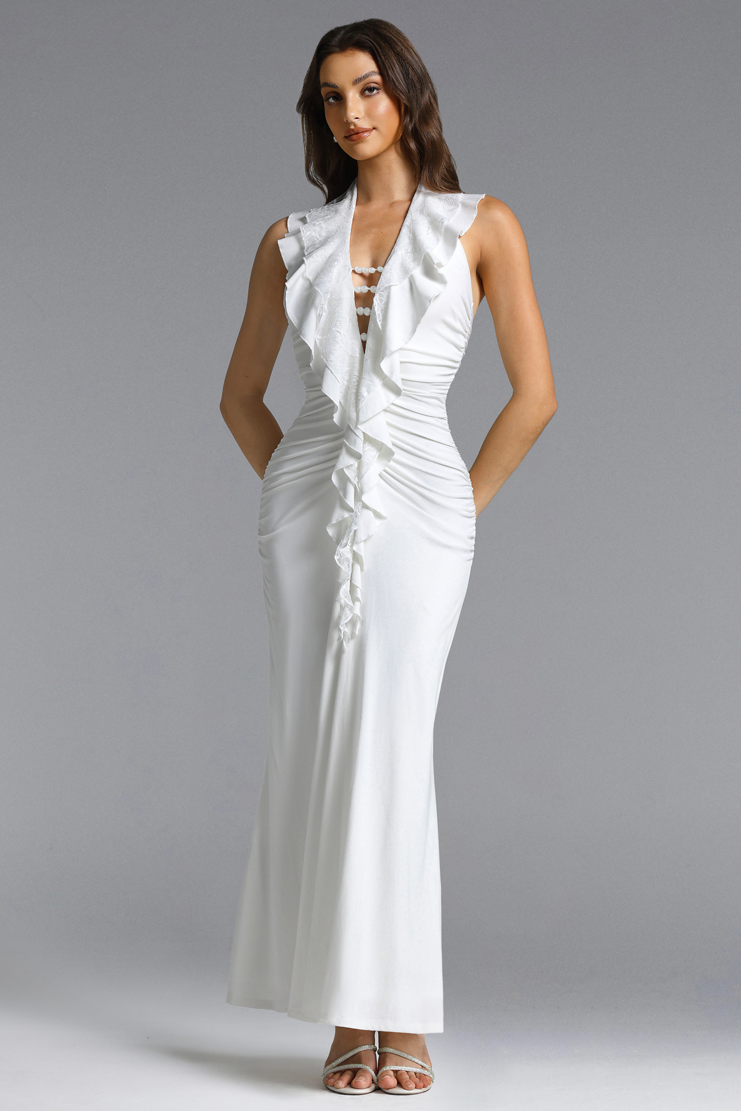 Dlasa Elegant Contour Deep V Lace Ruffle Beaded Chain Ruched Knit Maxi Dress