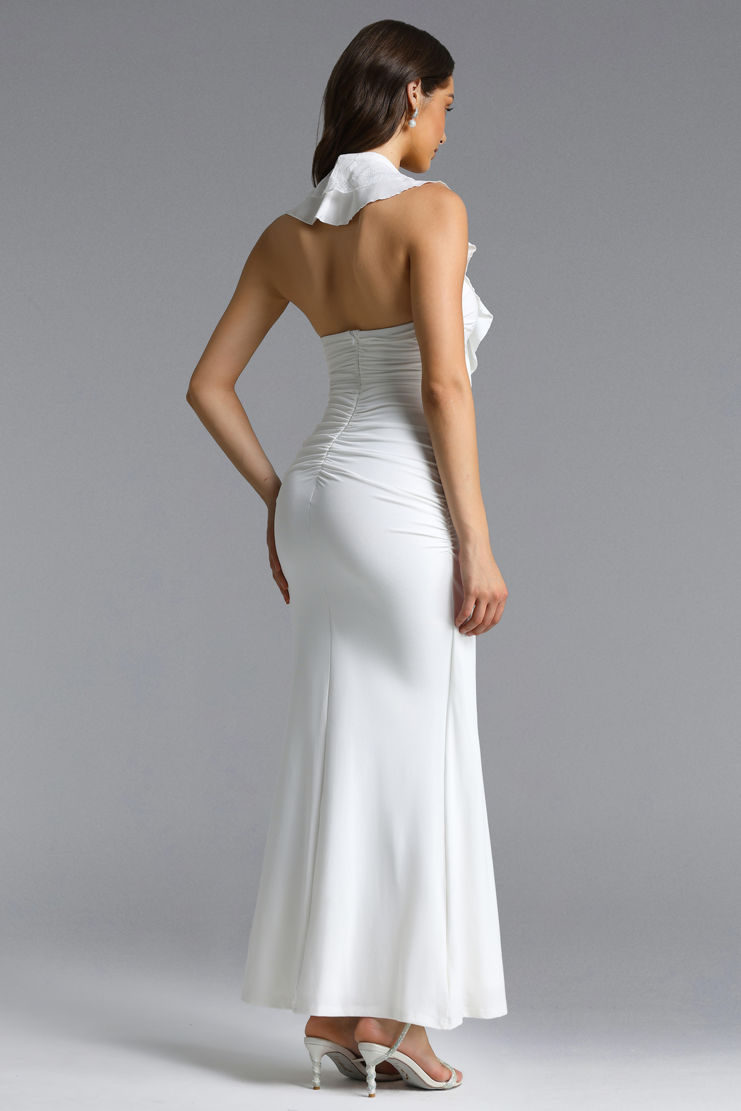 Dlasa Elegant Contour Deep V Lace Ruffle Beaded Chain Ruched Knit Maxi Dress