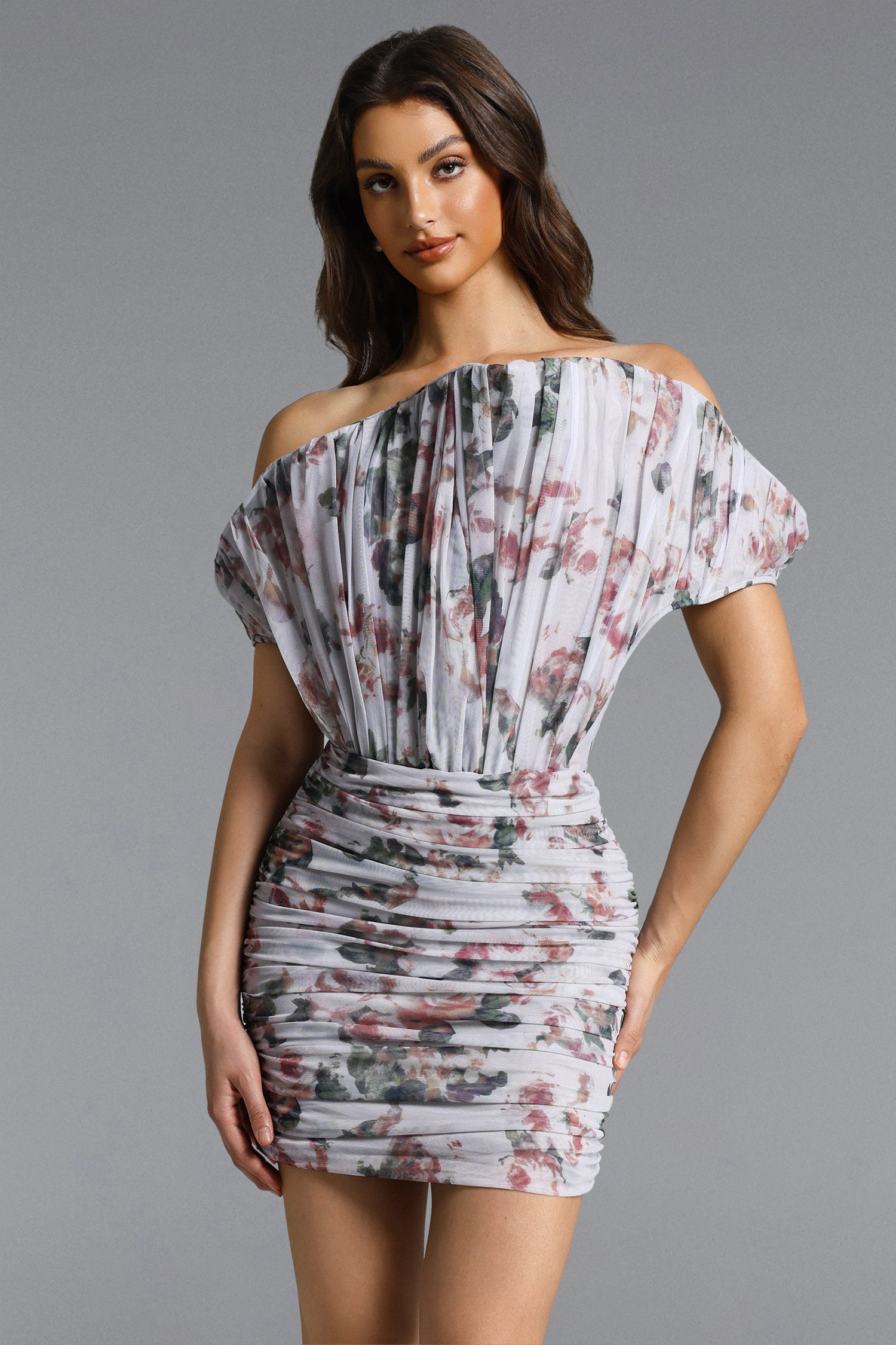 Minerva Chic Contour Sleeveless Ruched Floral Print Mini Dress
