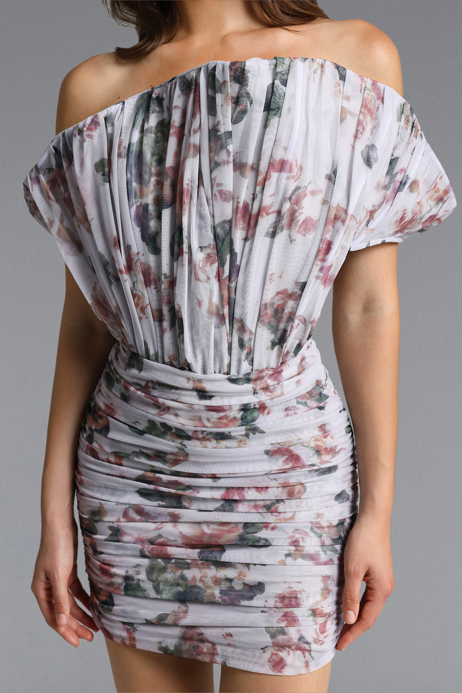 Minerva Chic Contour Sleeveless Ruched Floral Print Mini Dress