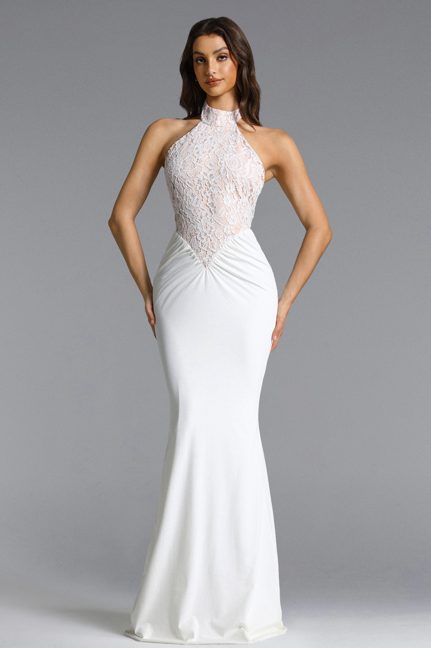 Fahrenheit Elegant Contour Halter Ruched Lace Maxi Dress