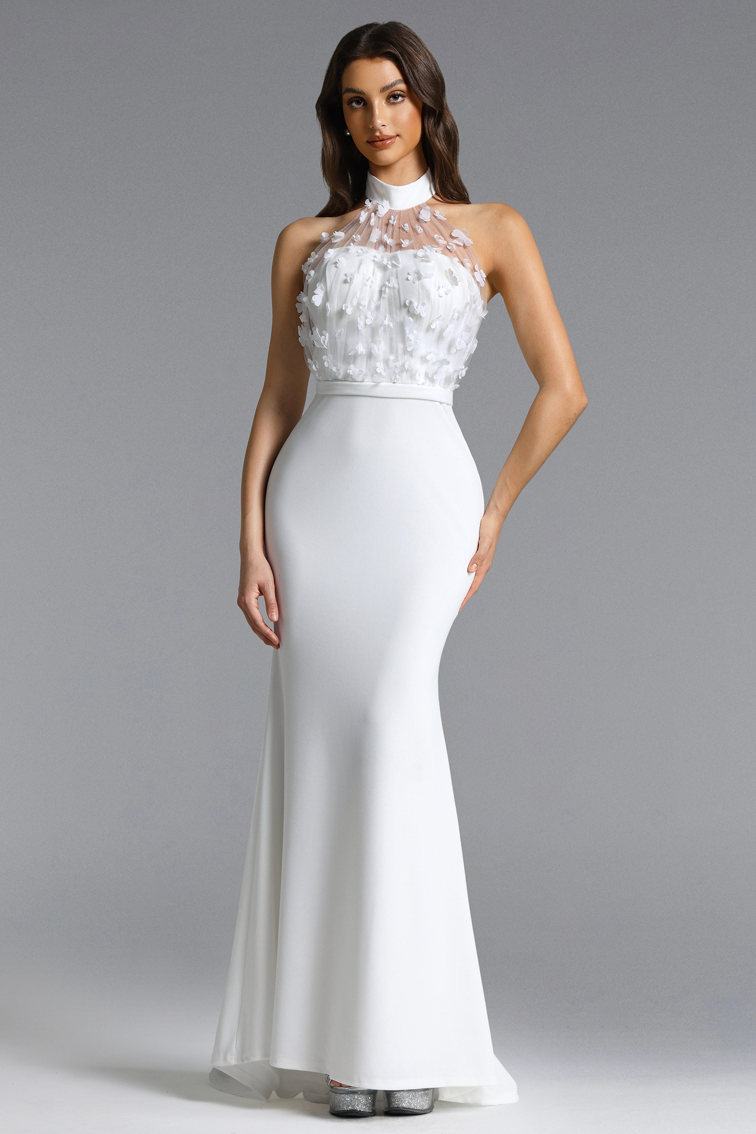 Elma Romantic Contour Halter Sleeveless Floral Maxi Dress