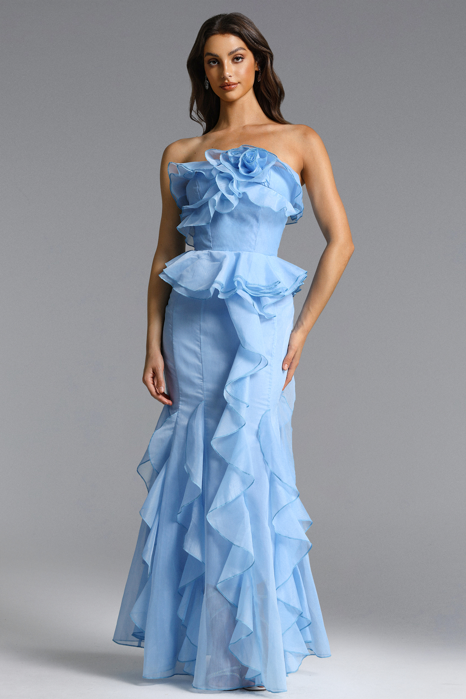 Deirdre Romantic Flowy Strapless Asymmetric Ruffle Floral Maxi Dress