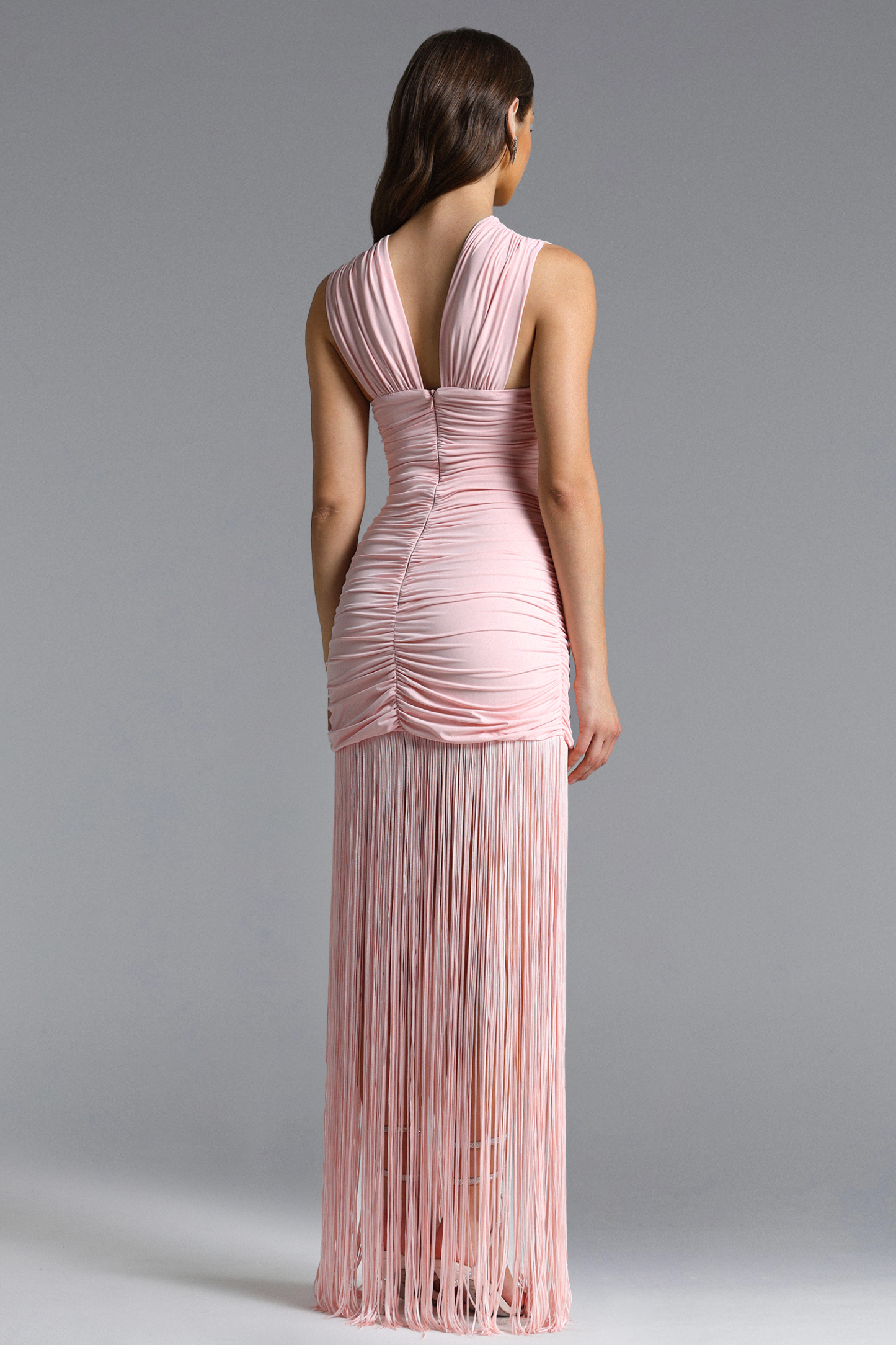 Niaca Chic Contour Sleeveless Ruched Fringe Knit Pink Maxi Dress