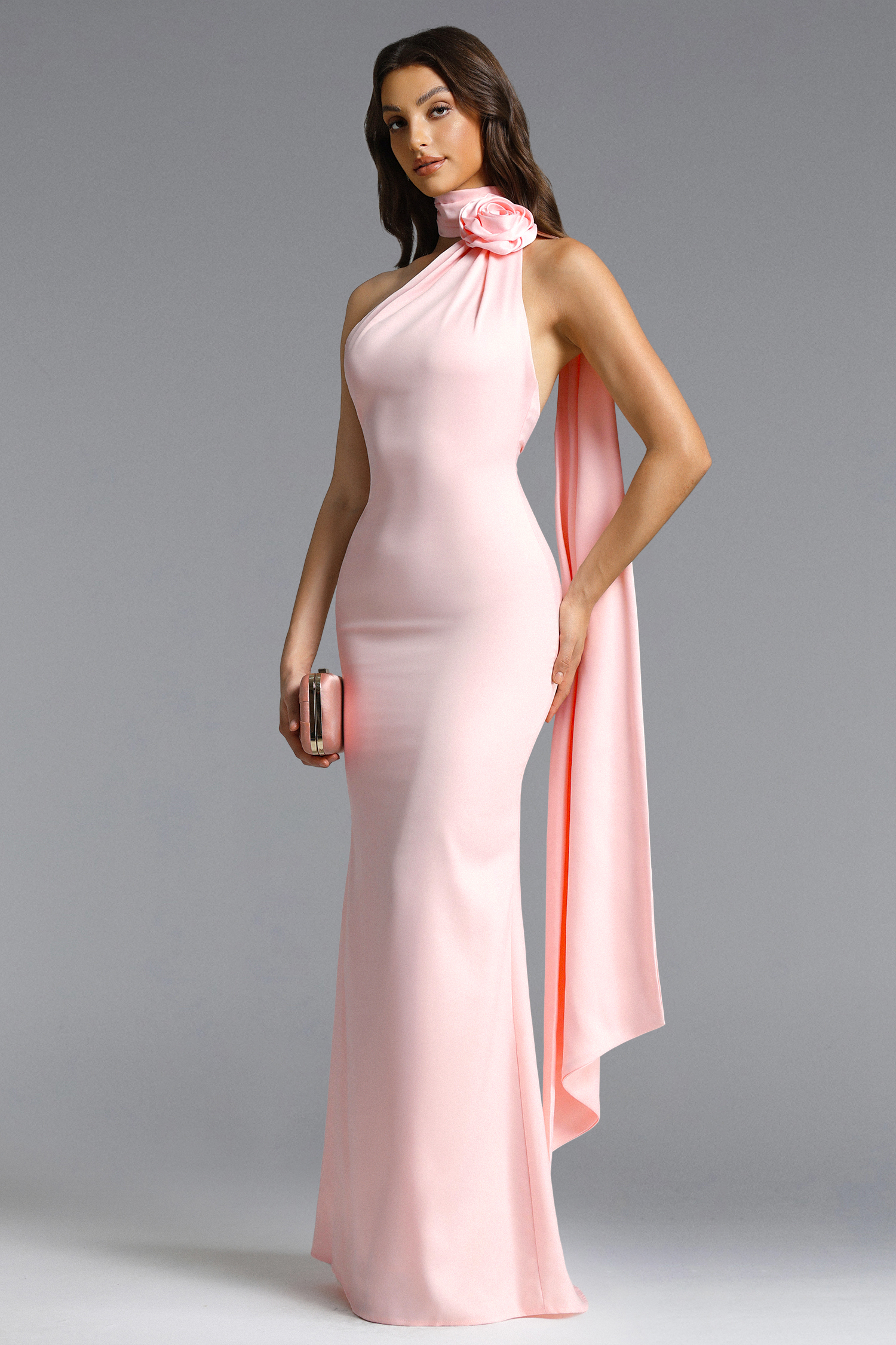 Taylor Romantic Contour Halter Pleated Floral Maxi Dress