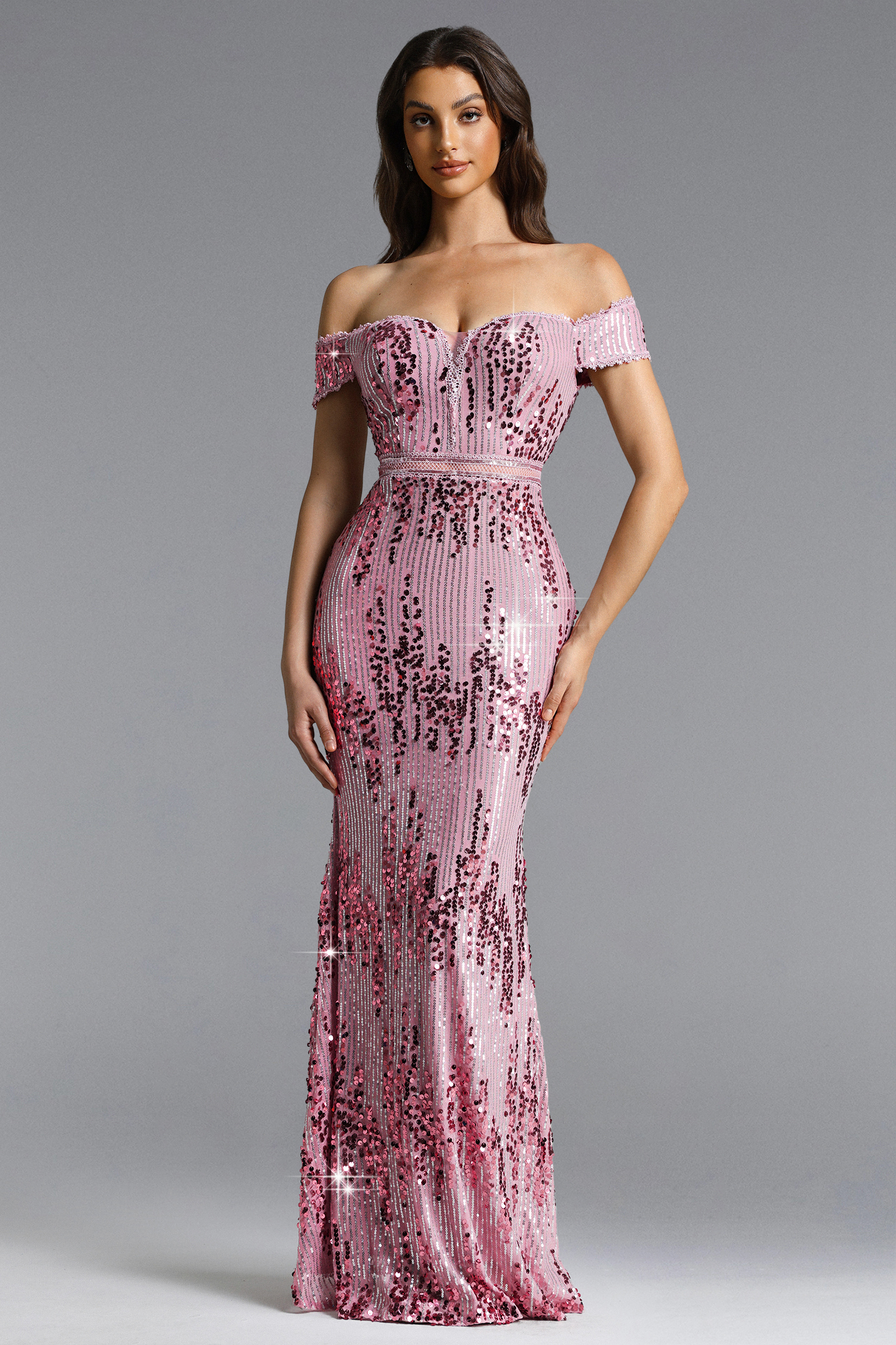 Maura Romantic Contour Off Shoulder Sequin Maxi Dress