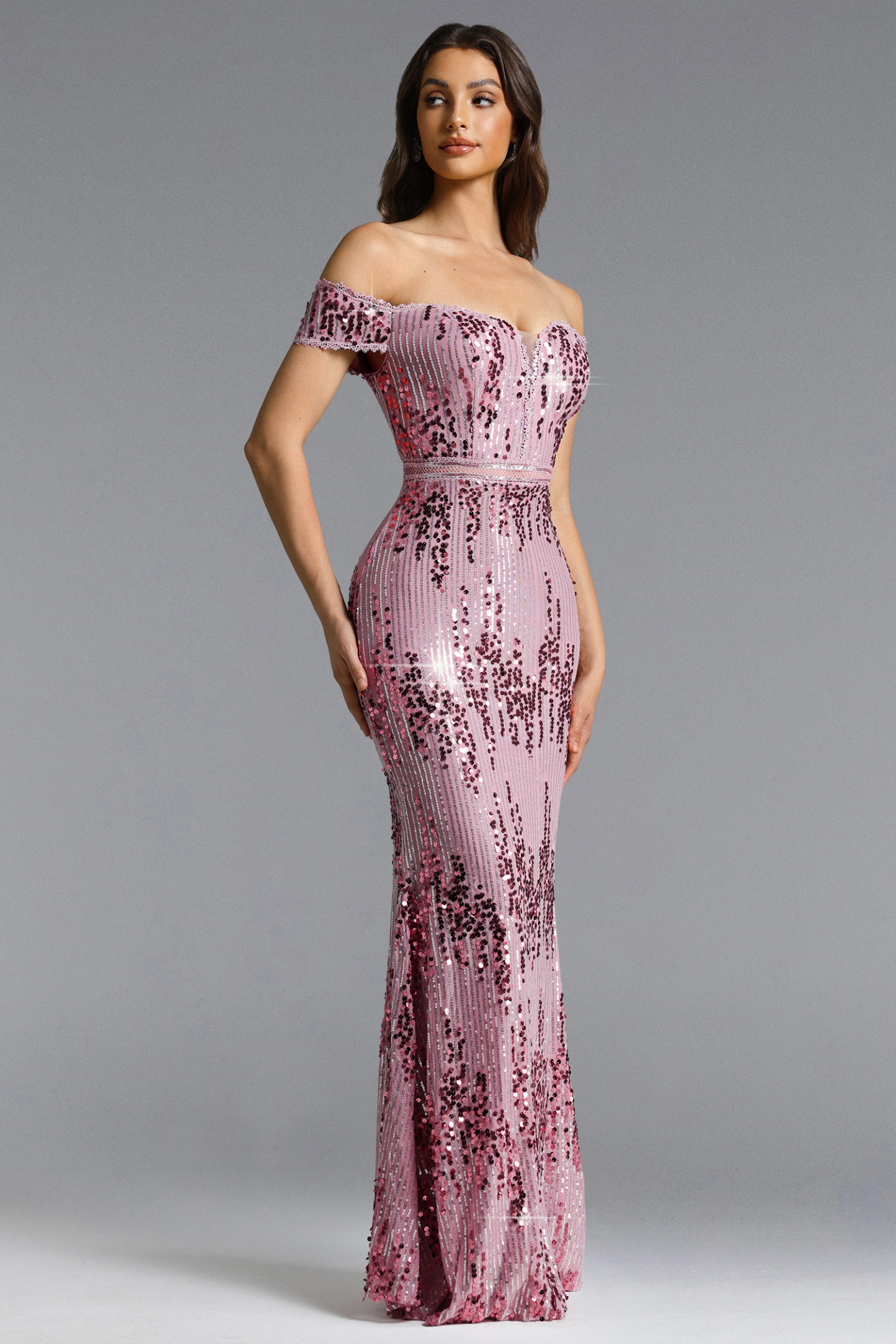 Maura Romantic Contour Off Shoulder Sequin Maxi Dress