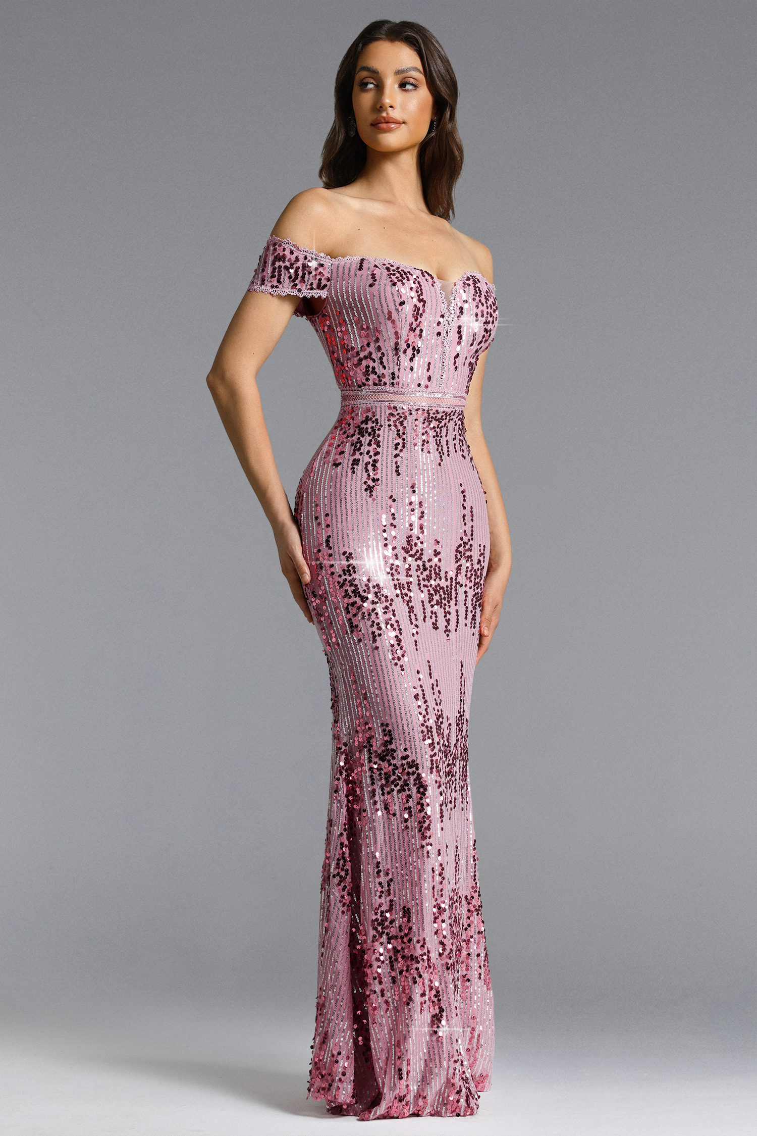 Maura Romantic Contour Off Shoulder Sequin Maxi Dress