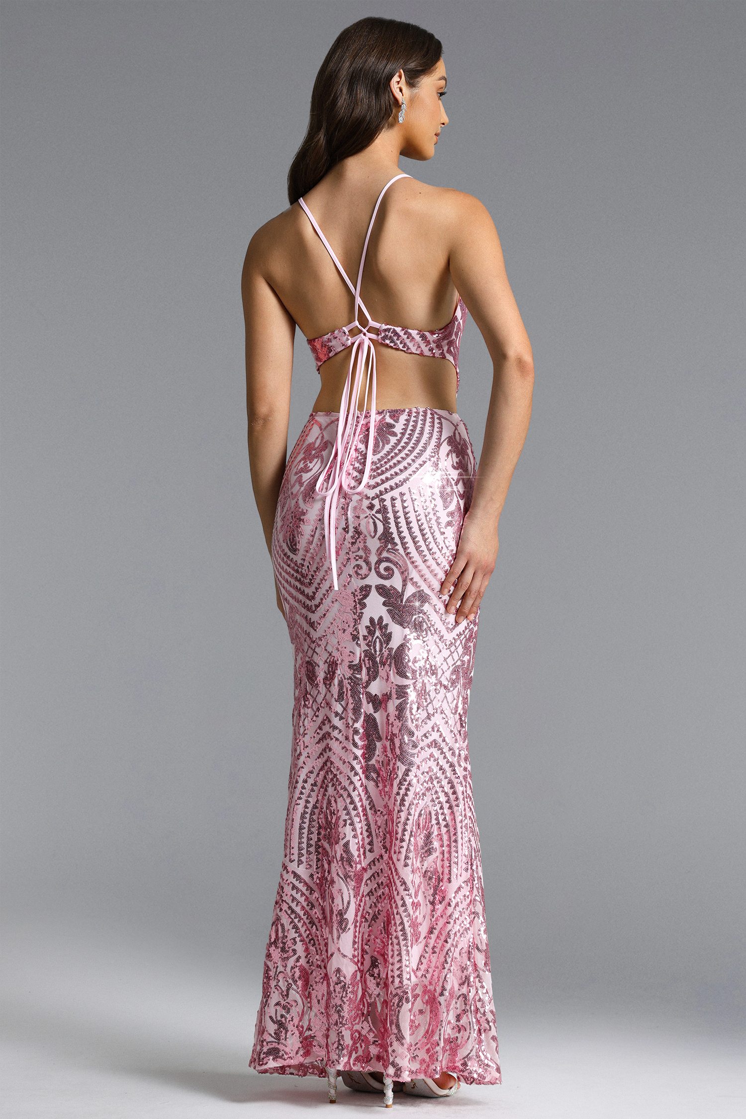 Gani Chic Contour Deep V Sequin Pink Maxi Dress
