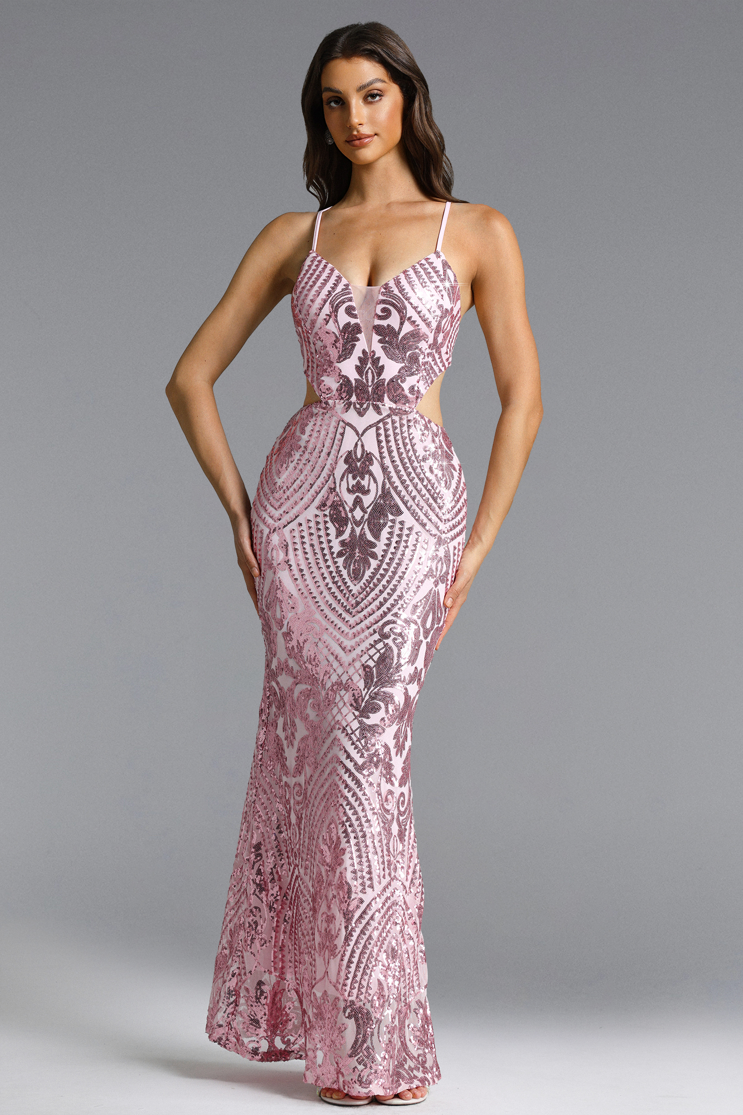 Gani Chic Contour Deep V Sequin Pink Maxi Dress