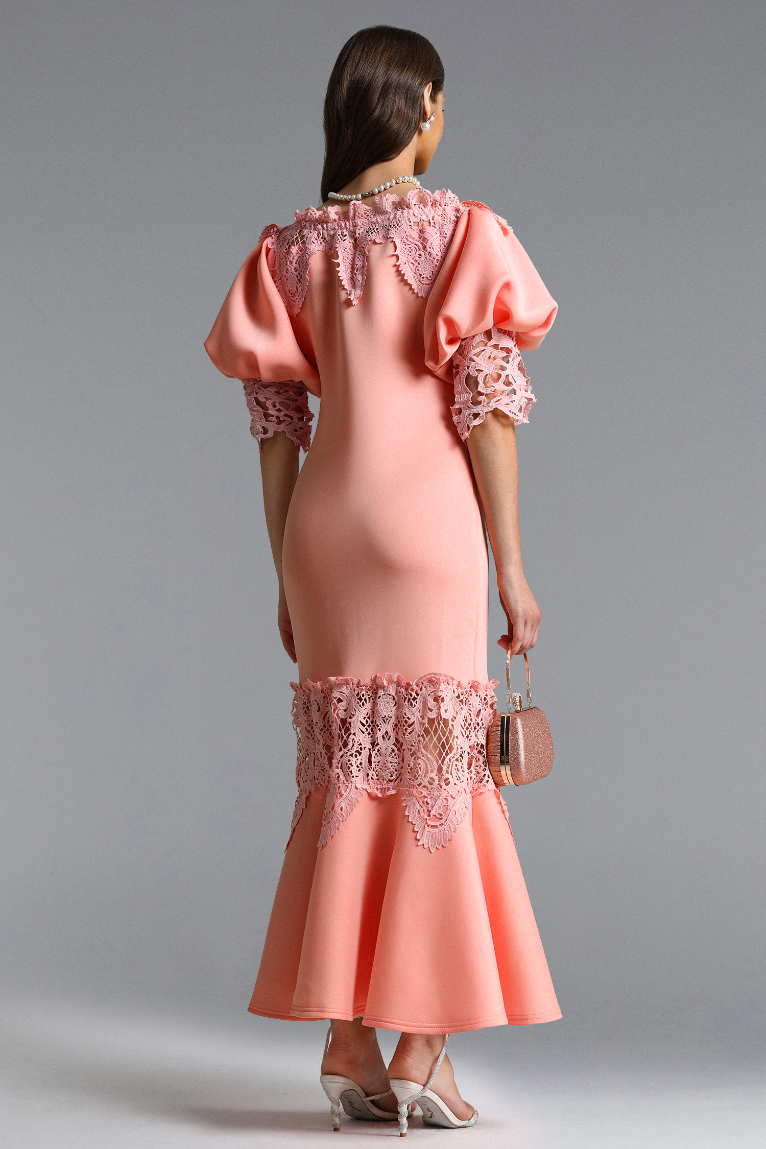 Xerca Romantic Contour Off Shoulder Puff Sleeve Lace Maxi Dress