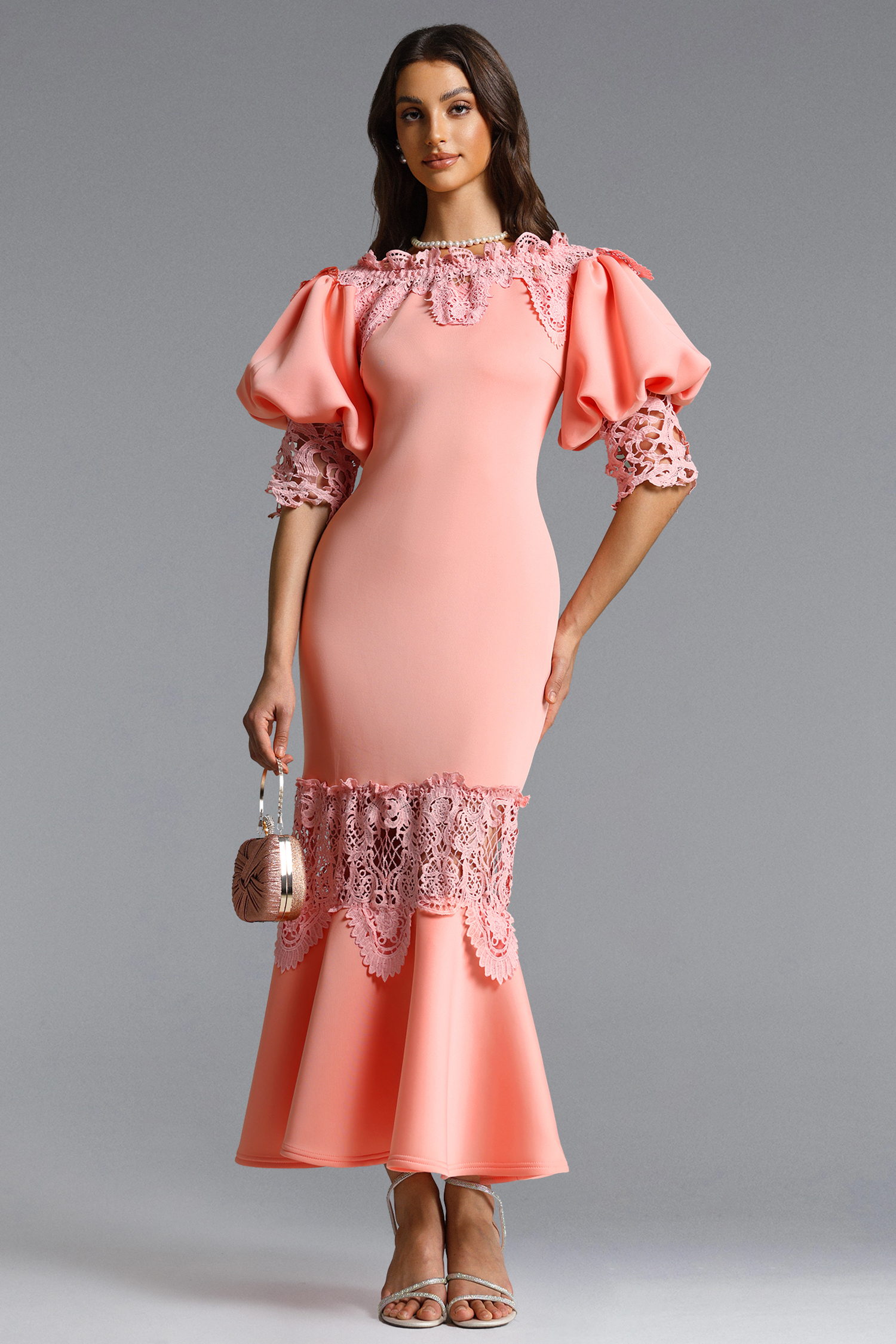 Xerca Romantic Contour Off Shoulder Puff Sleeve Lace Maxi Dress