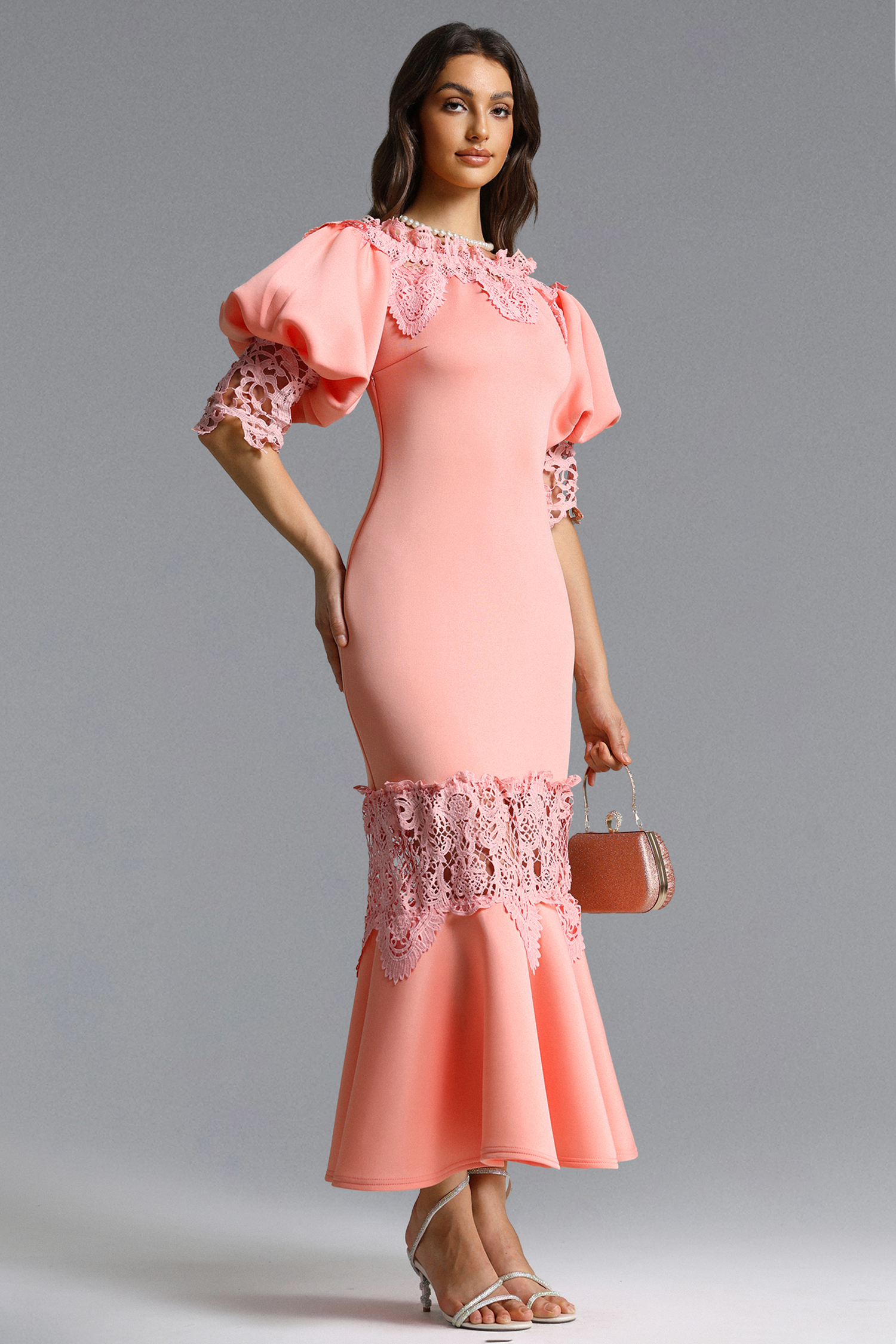 Xerca Romantic Contour Off Shoulder Puff Sleeve Lace Maxi Dress