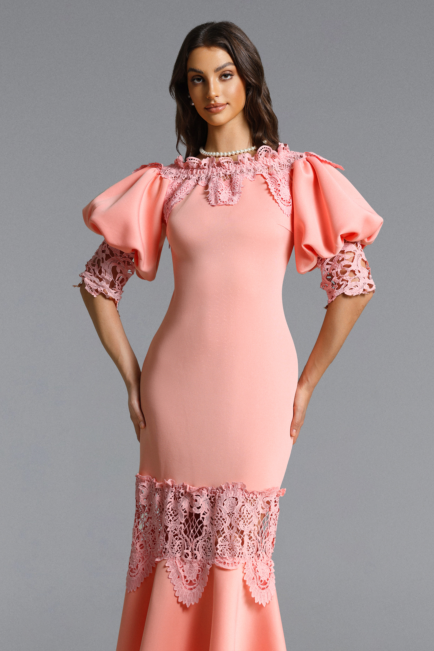 Xerca Romantic Contour Off Shoulder Puff Sleeve Lace Maxi Dress