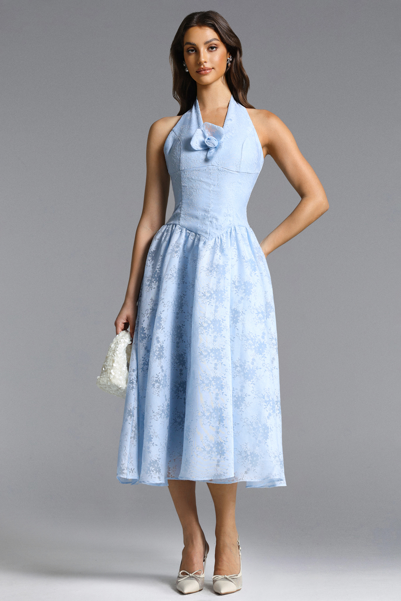 Delaney Romantic Tailored Halter Floral Jacquard Blue Maxi Dress