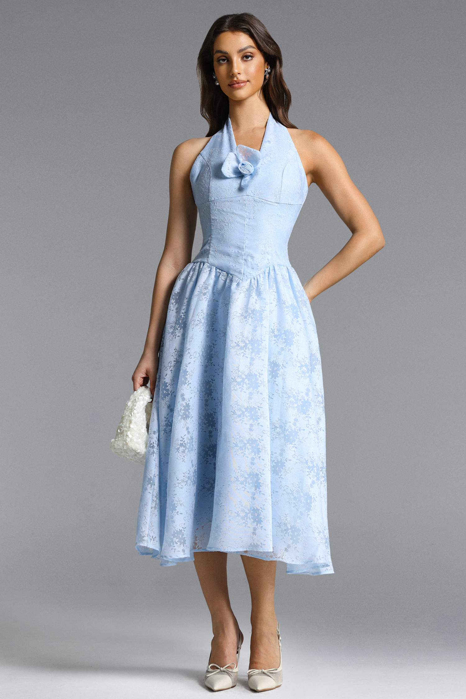 Delaney Romantic Tailored Halter Floral Jacquard Blue Maxi Dress