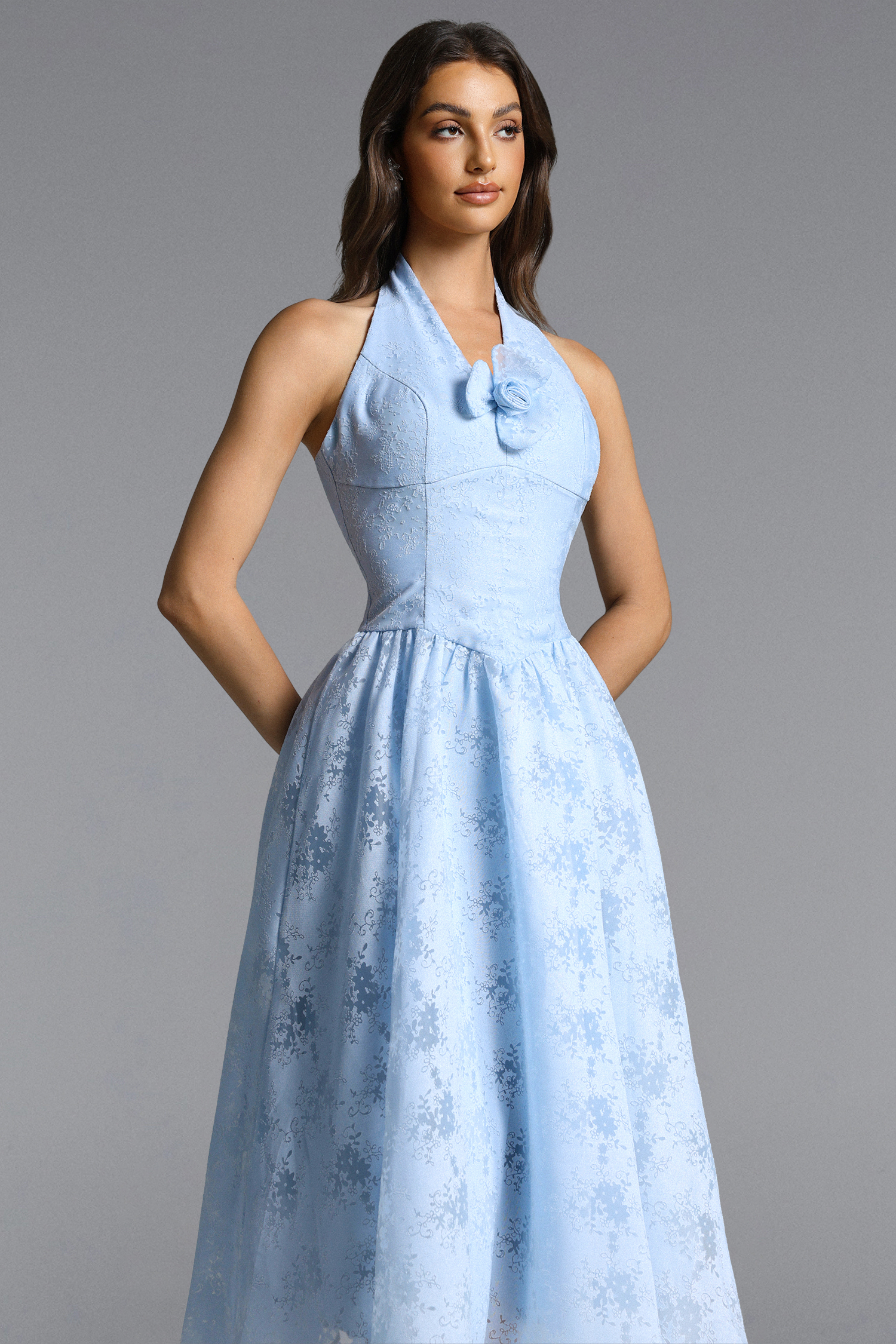 Delaney Romantic Tailored Halter Floral Jacquard Blue Maxi Dress