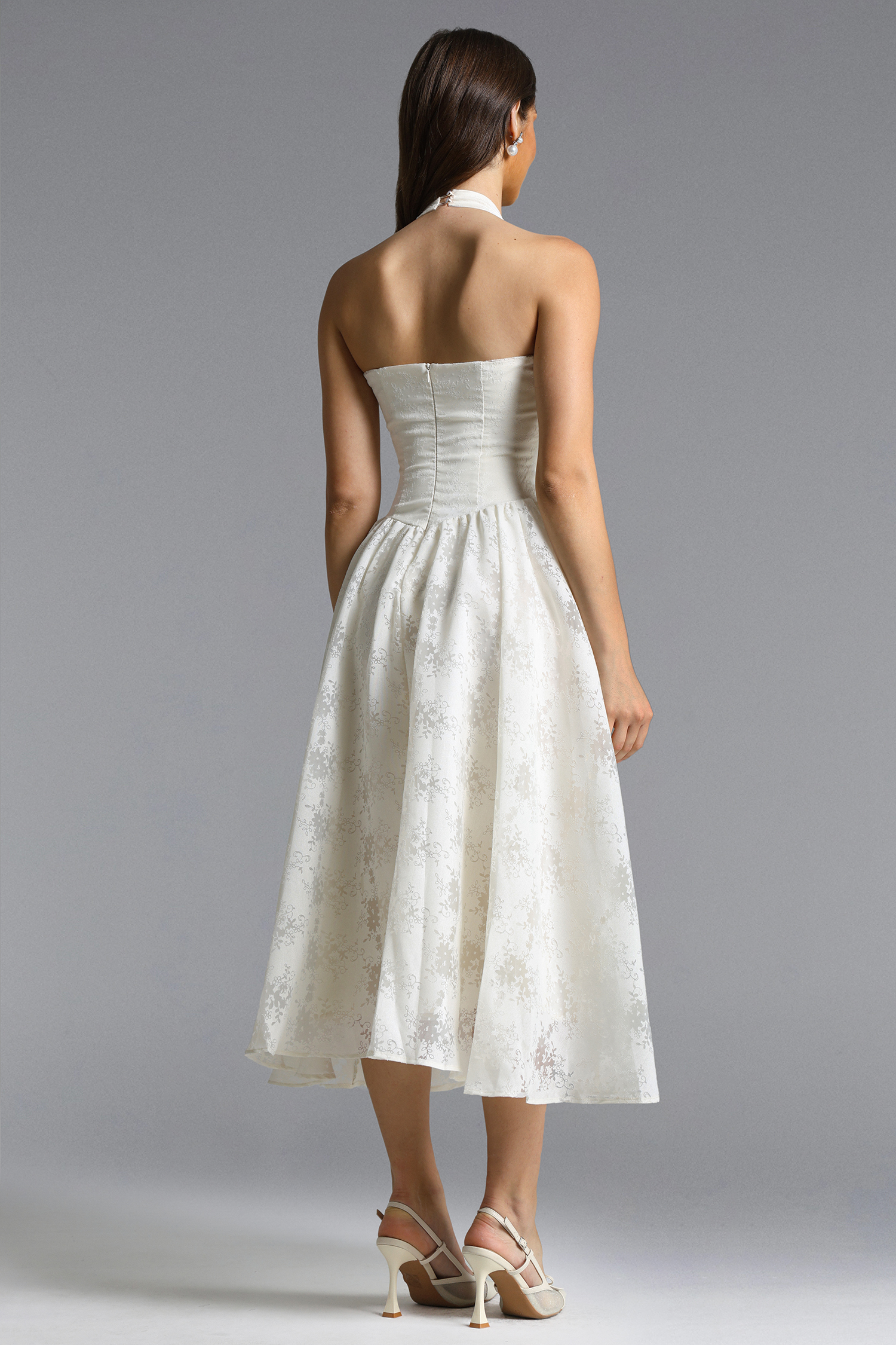 Delaney Romantic Tailored Halter Floral Jacquard White Maxi Dress