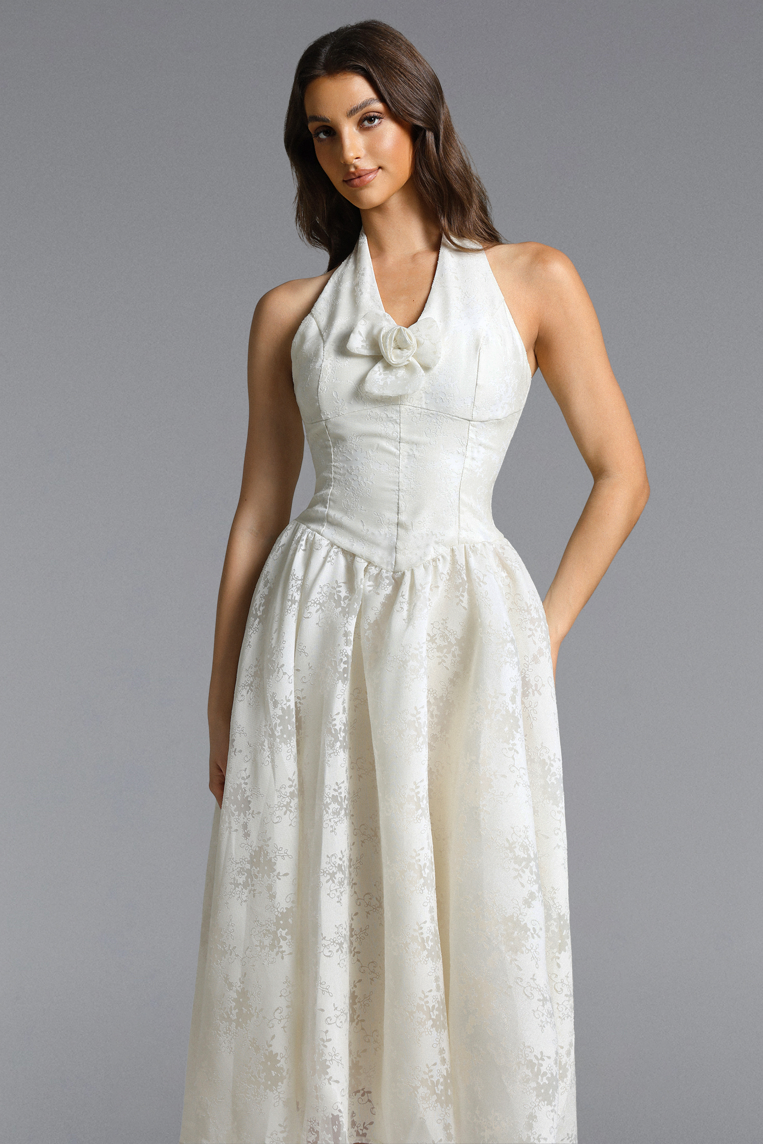 Delaney Romantic Tailored Halter Floral Jacquard White Maxi Dress