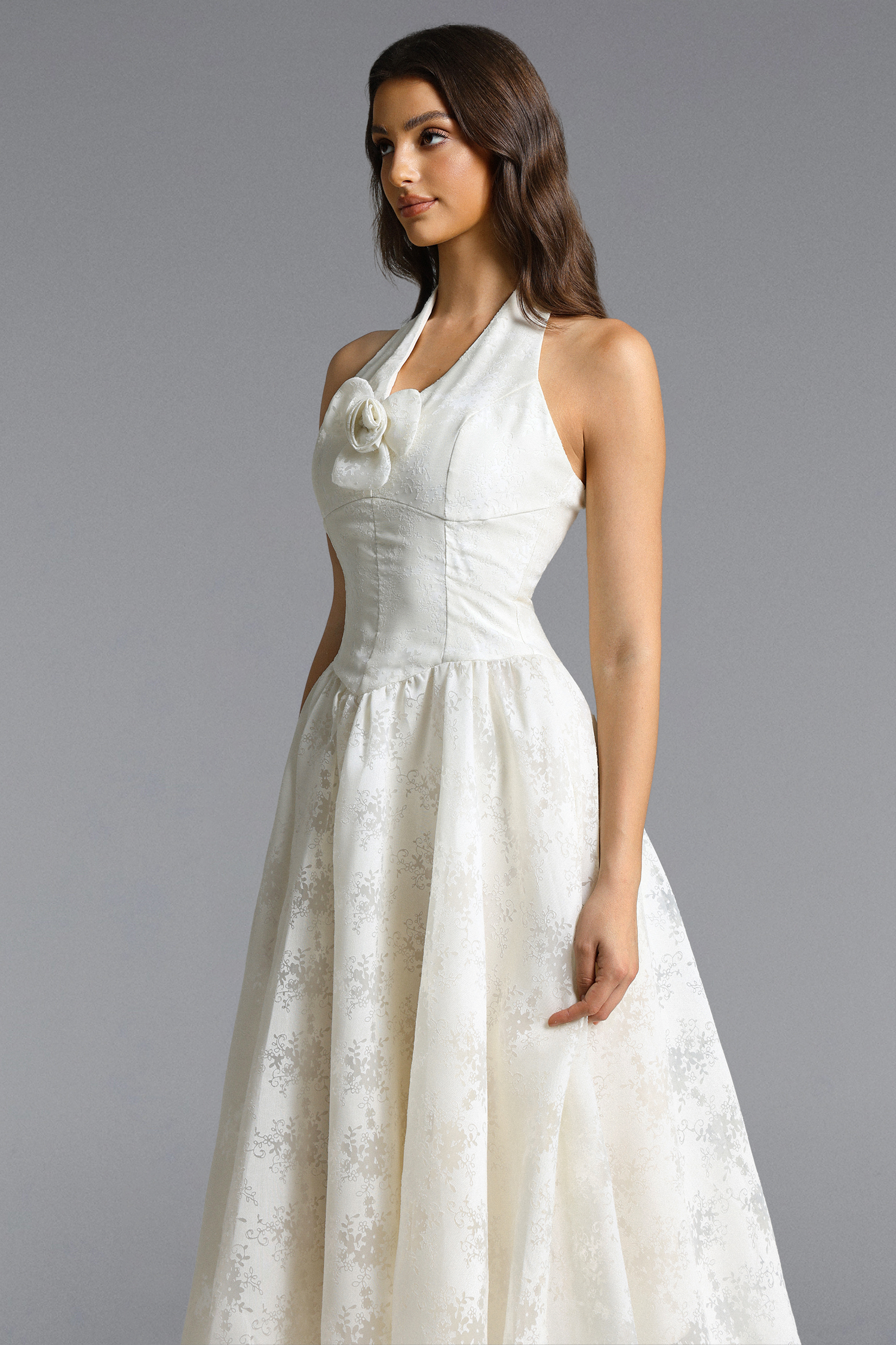 Delaney Romantic Tailored Halter Floral Jacquard White Maxi Dress