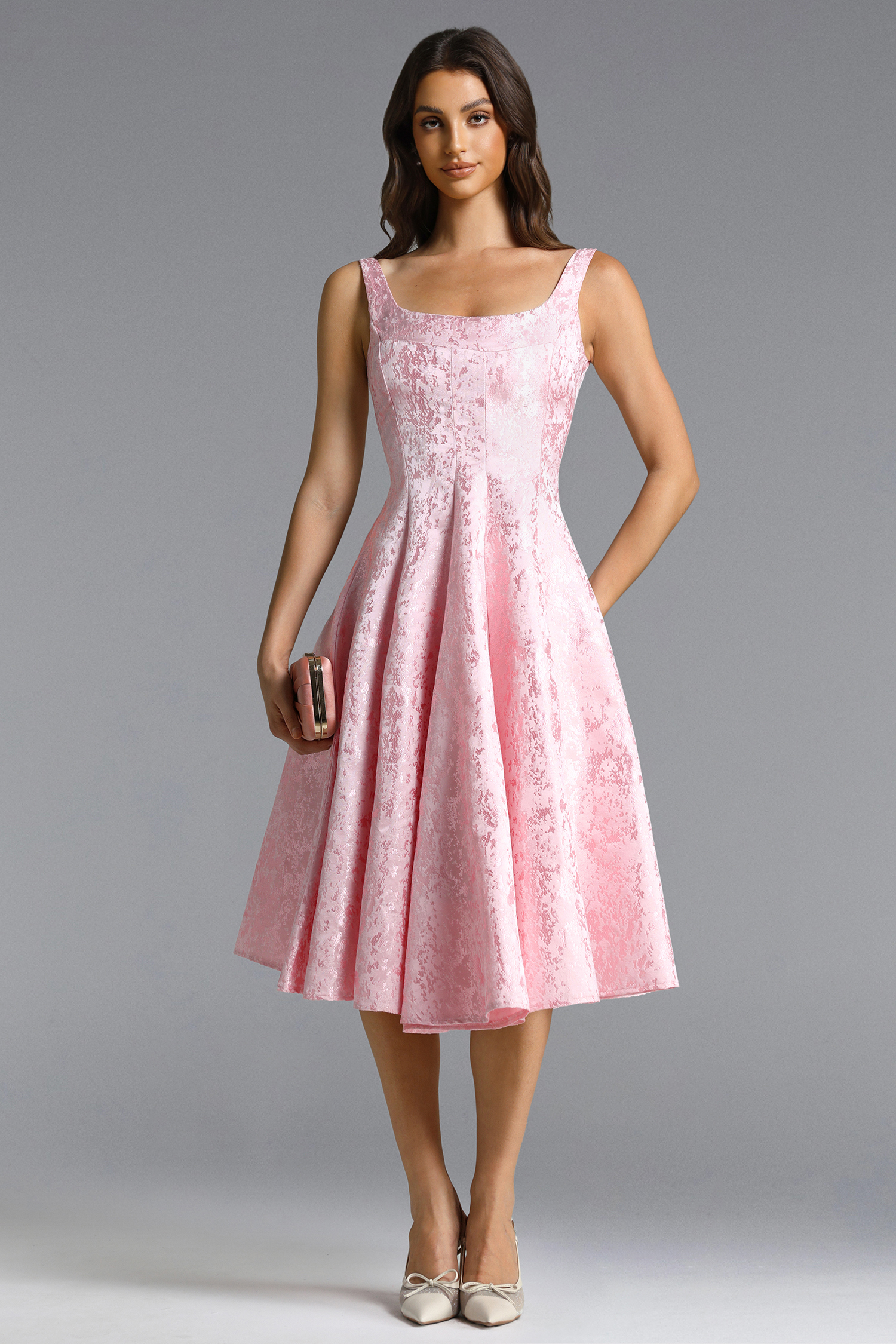 Lisbon Romantic Tailored Square Neck Jacquard Satin Maxi Dress