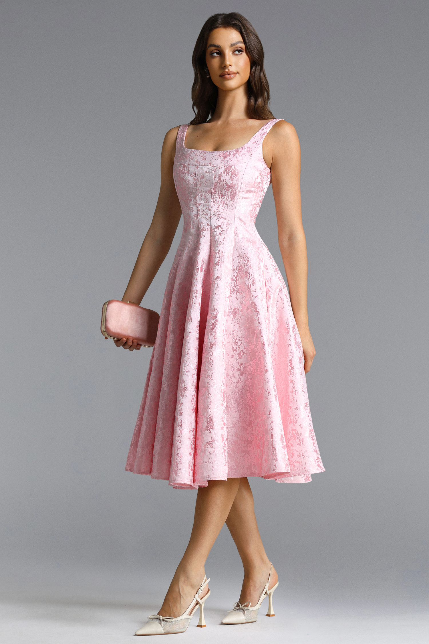 Lisbon Romantic Tailored Square Neck Jacquard Satin Maxi Dress