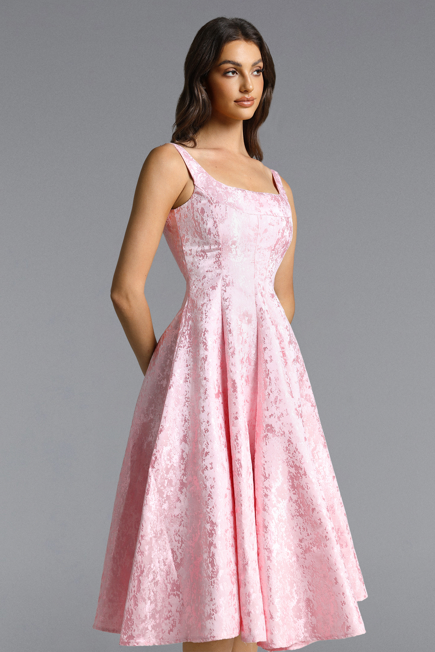 Lisbon Romantic Tailored Square Neck Jacquard Satin Maxi Dress