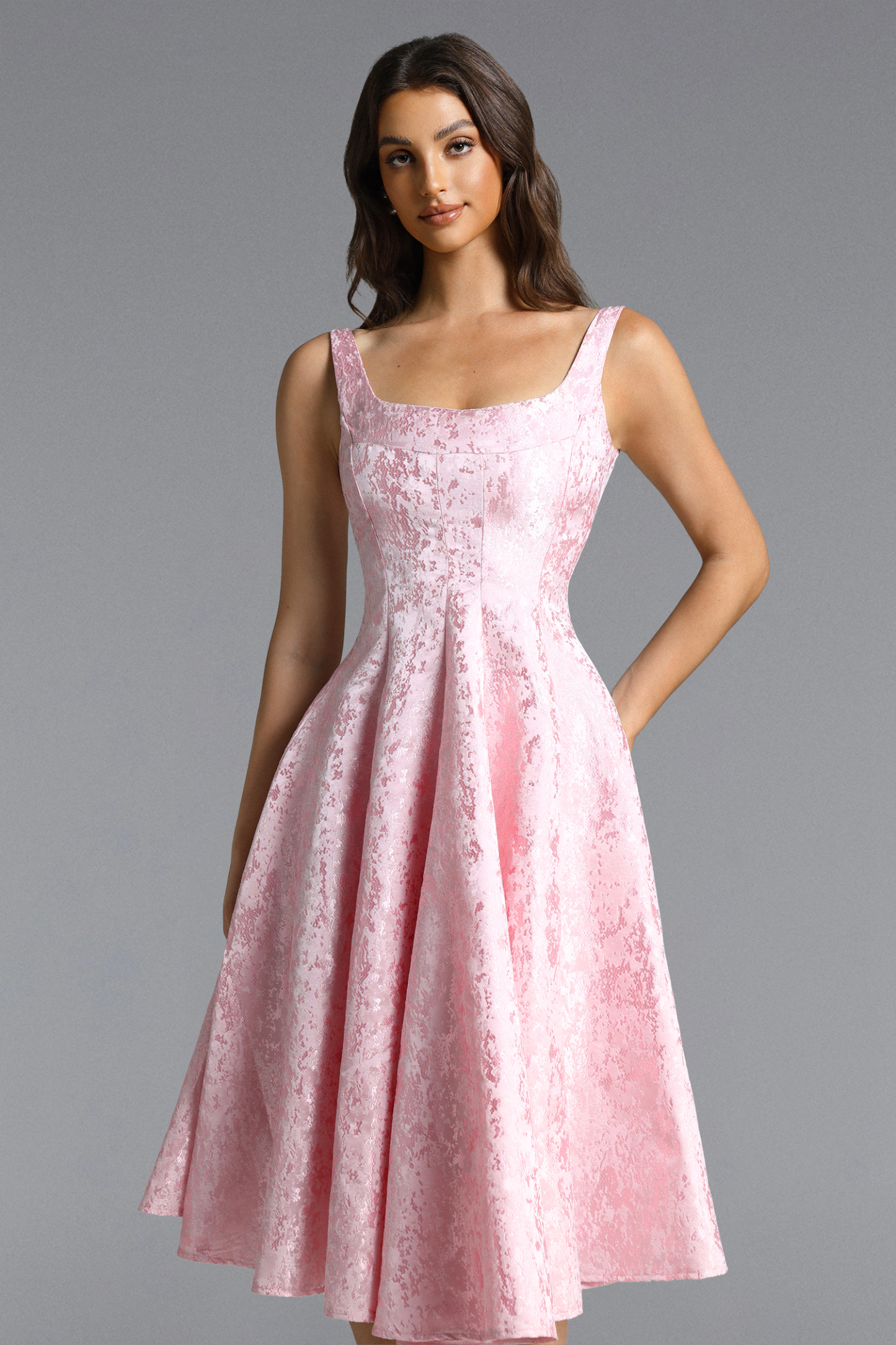 Lisbon Romantic Tailored Square Neck Jacquard Satin Maxi Dress