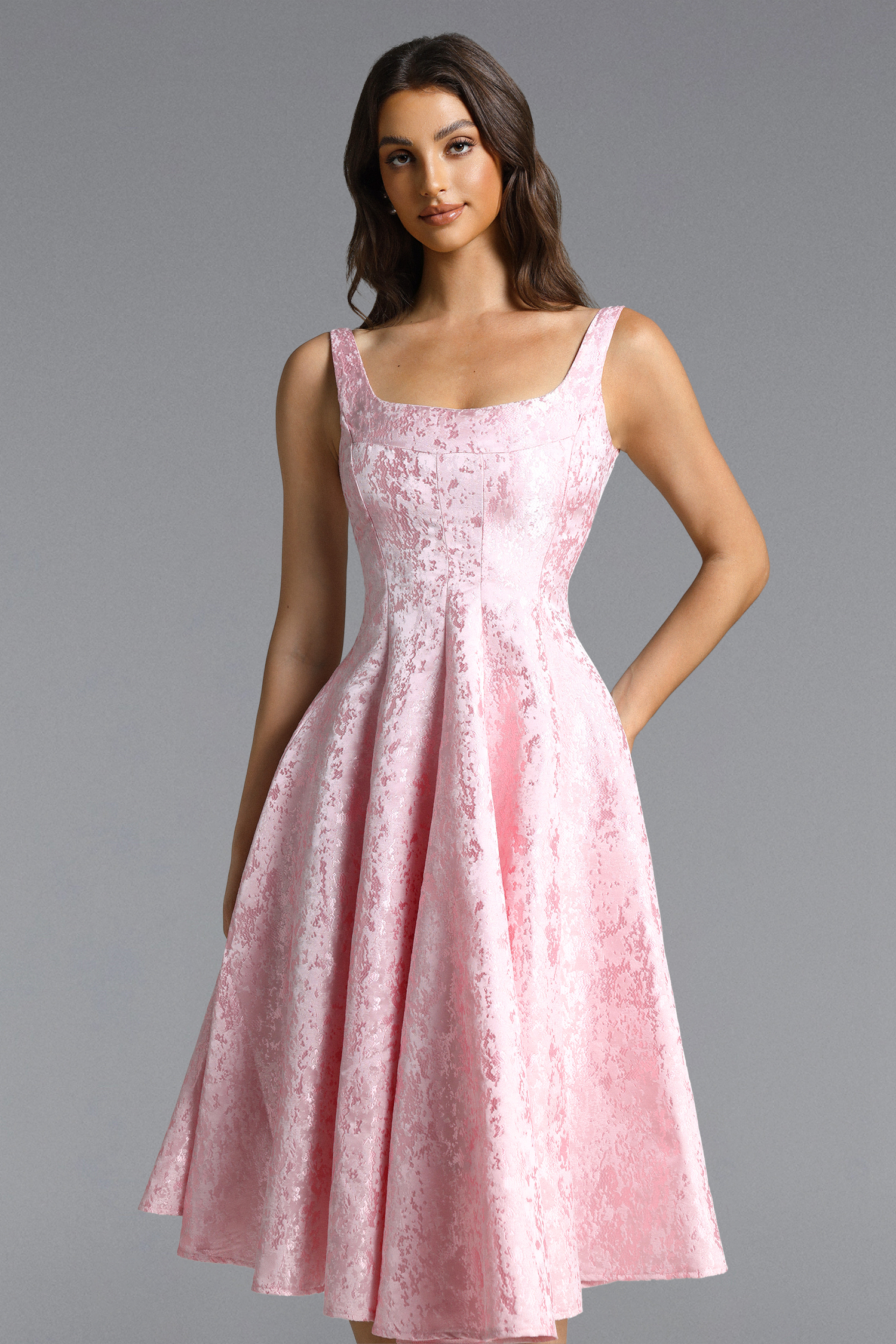 Lisbon Romantic Tailored Square Neck Jacquard Satin Maxi Dress