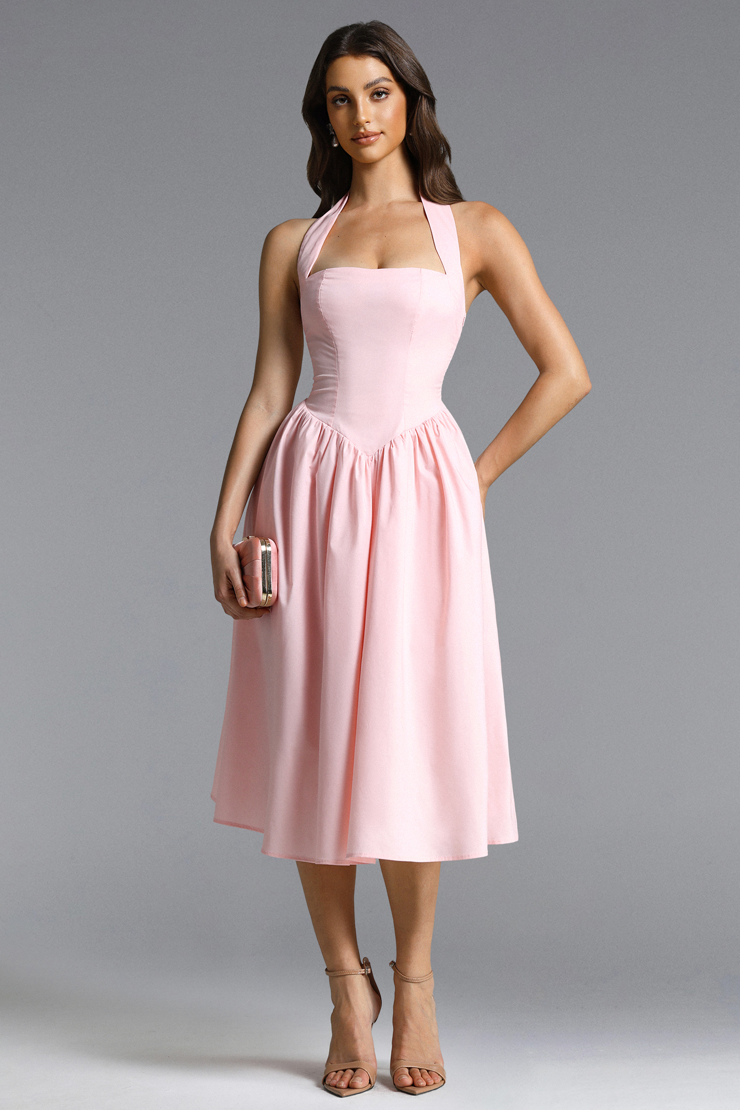 Rosie Romantic Tailored Halter Pleated A Line Maxi Dress