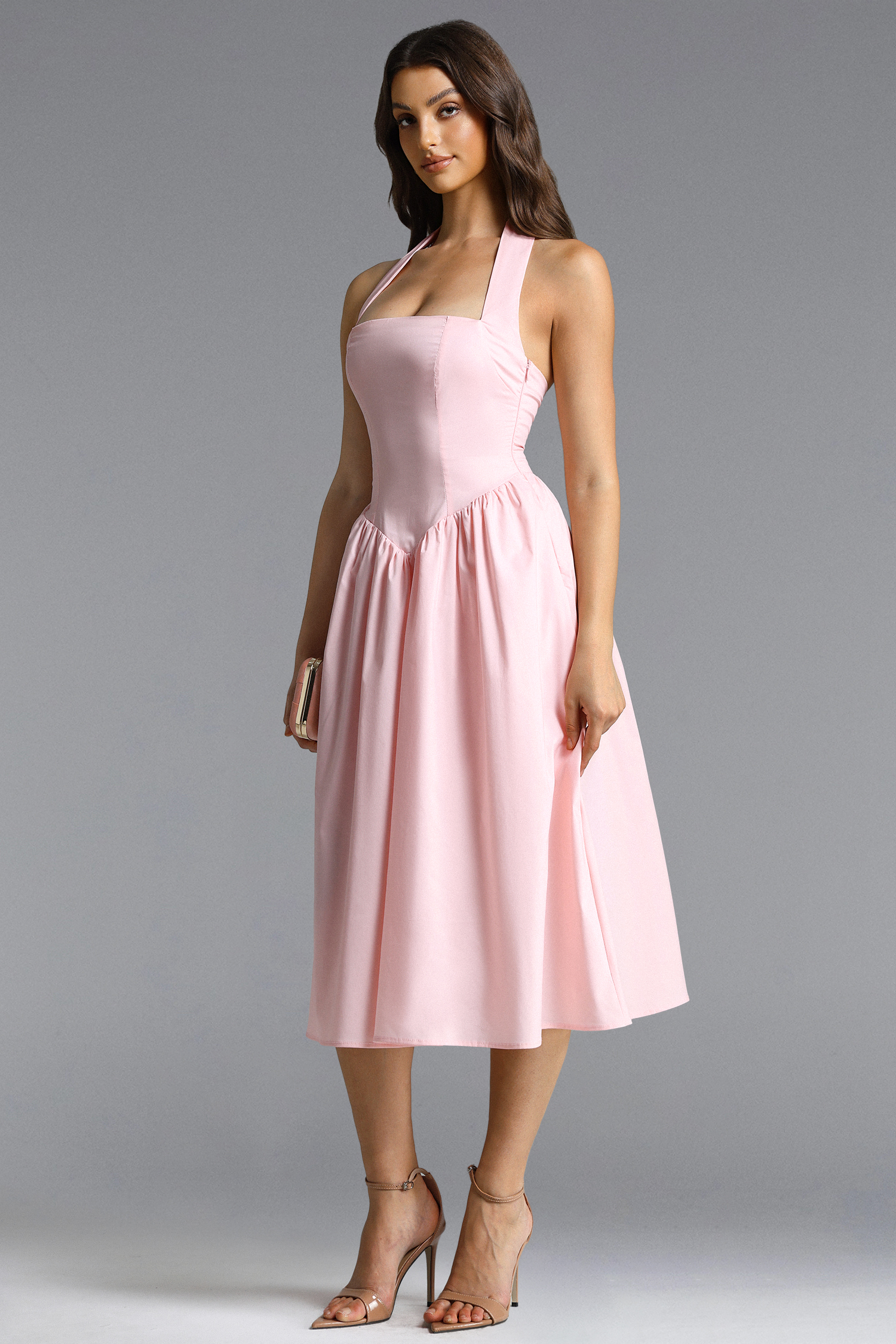 Rosie Romantic Tailored Halter Pleated A Line Maxi Dress