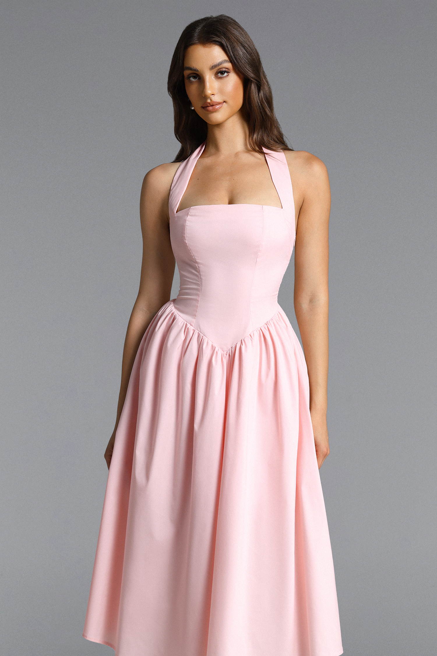 Rosie Romantic Tailored Halter Pleated A Line Maxi Dress
