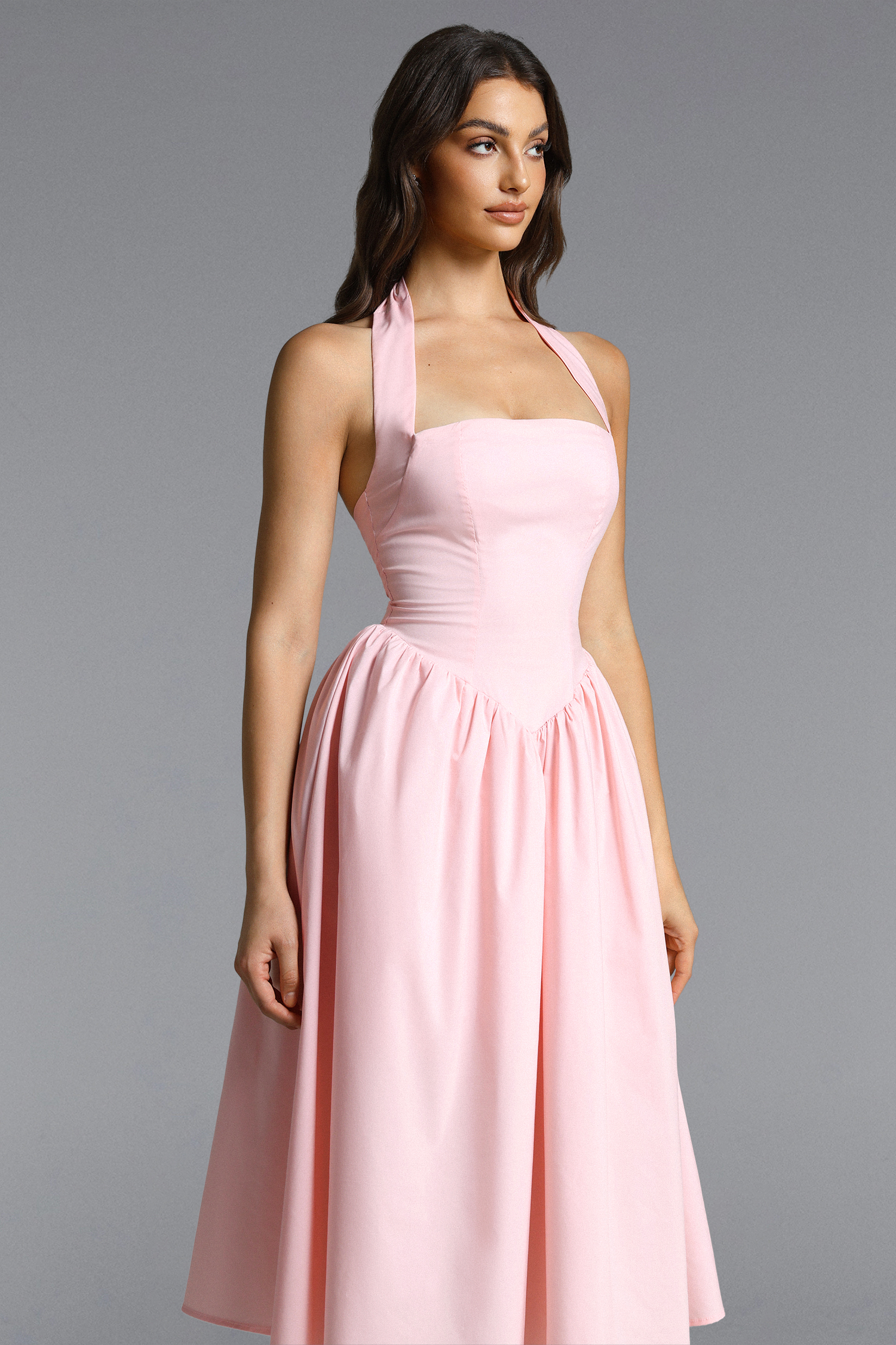 Rosie Romantic Tailored Halter Pleated A Line Maxi Dress