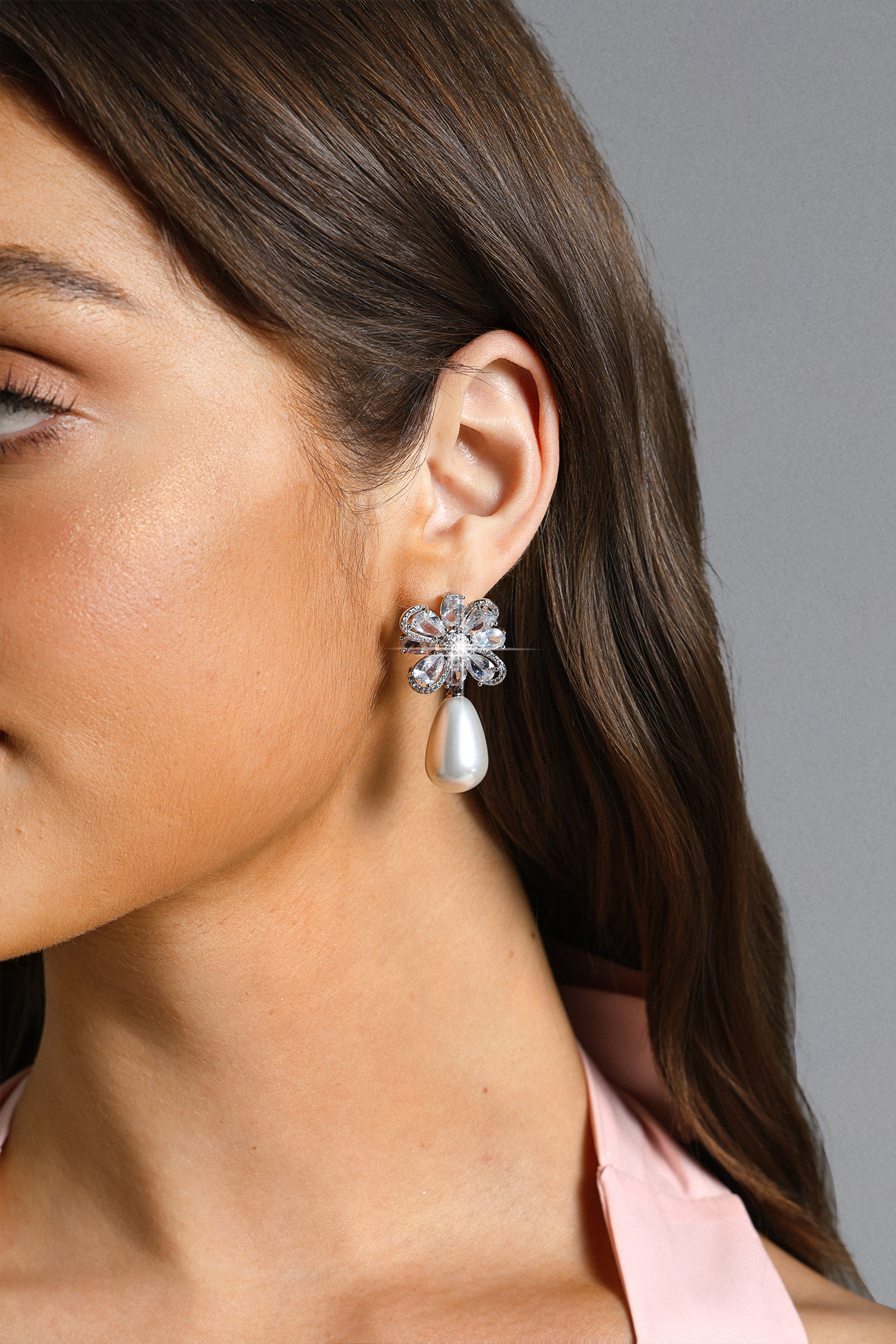 Oval Flower Pearl Drop Earrings