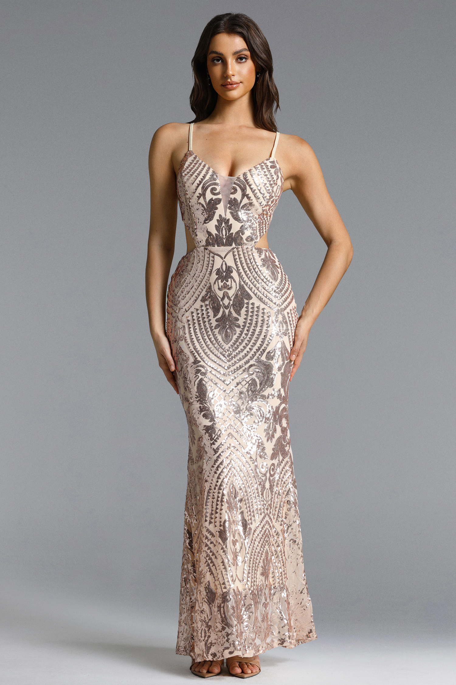 Gani Chic Contour Deep V Sequin Gold Maxi Dress