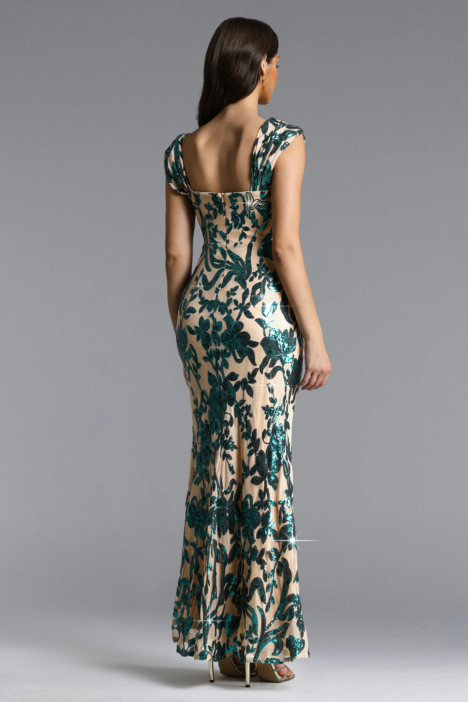 Enene Elegant Contour Short Sleeve Ruched High Slit Sequin Maxi Dress