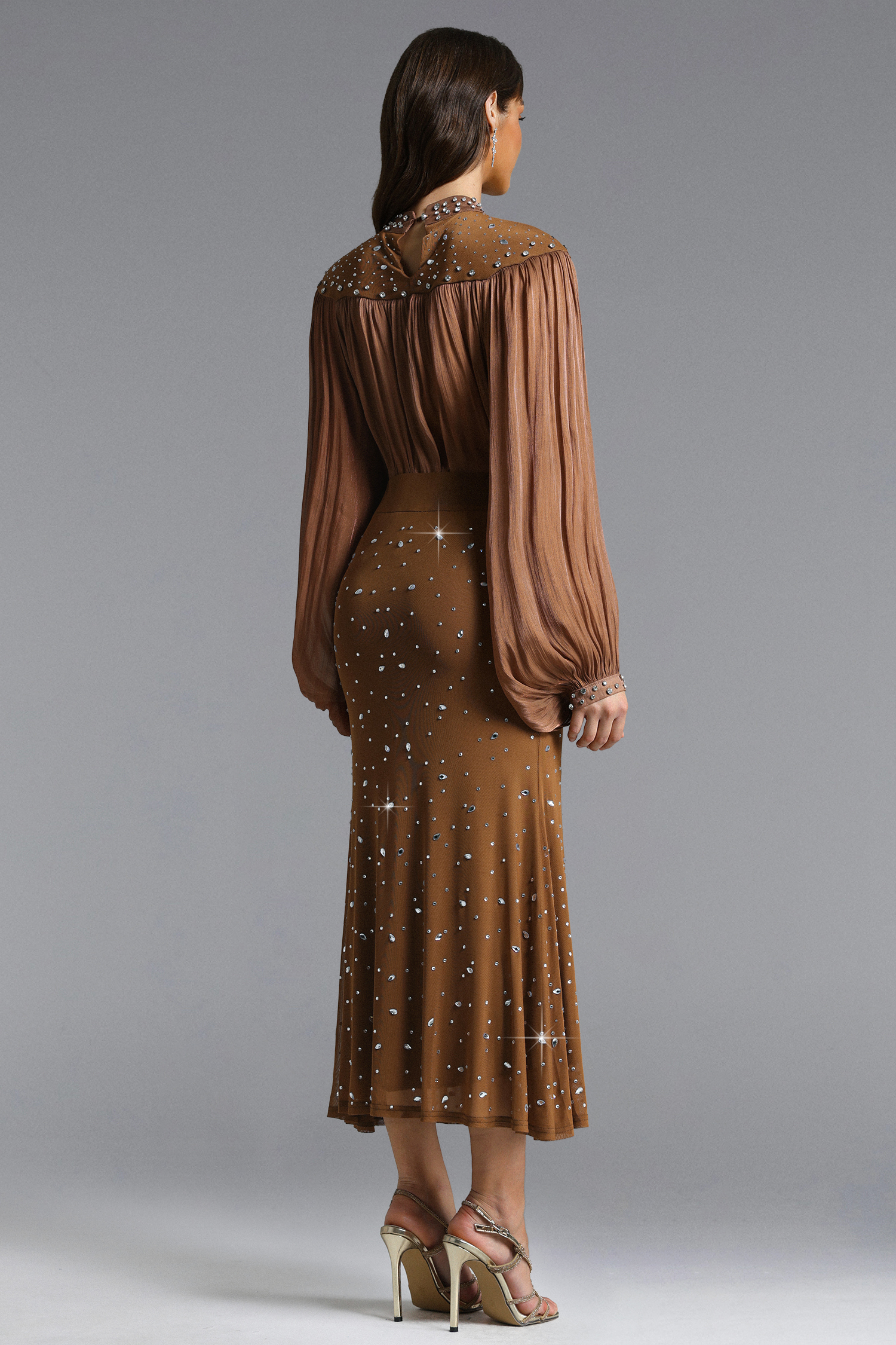 Odelia Elegant Flowy Long Sleeve Rhinestone Ruched Top and Skirt Set