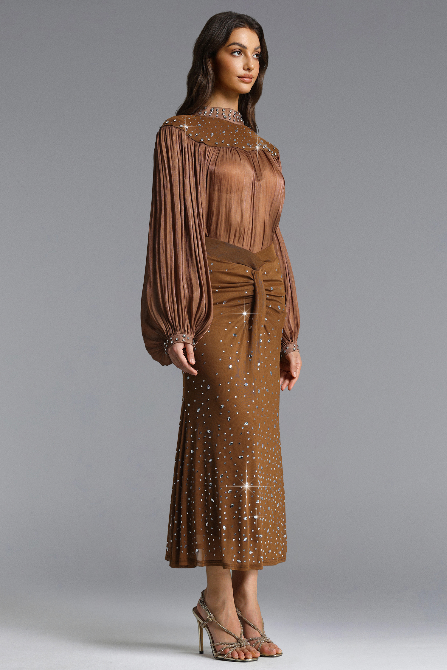 Odelia Elegant Flowy Long Sleeve Rhinestone Ruched Top and Skirt Set