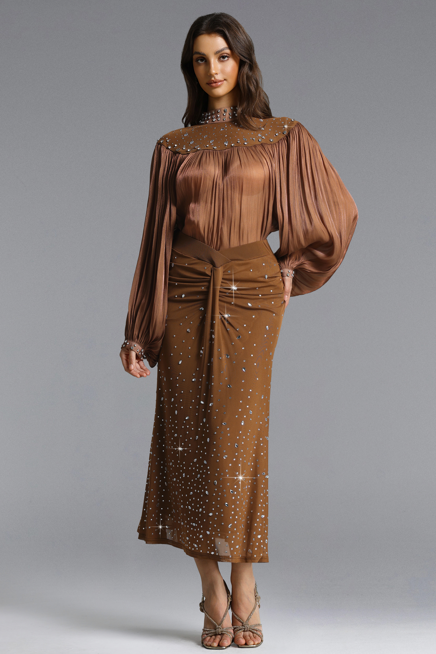 Odelia Elegant Flowy Long Sleeve Rhinestone Ruched Top and Skirt Set