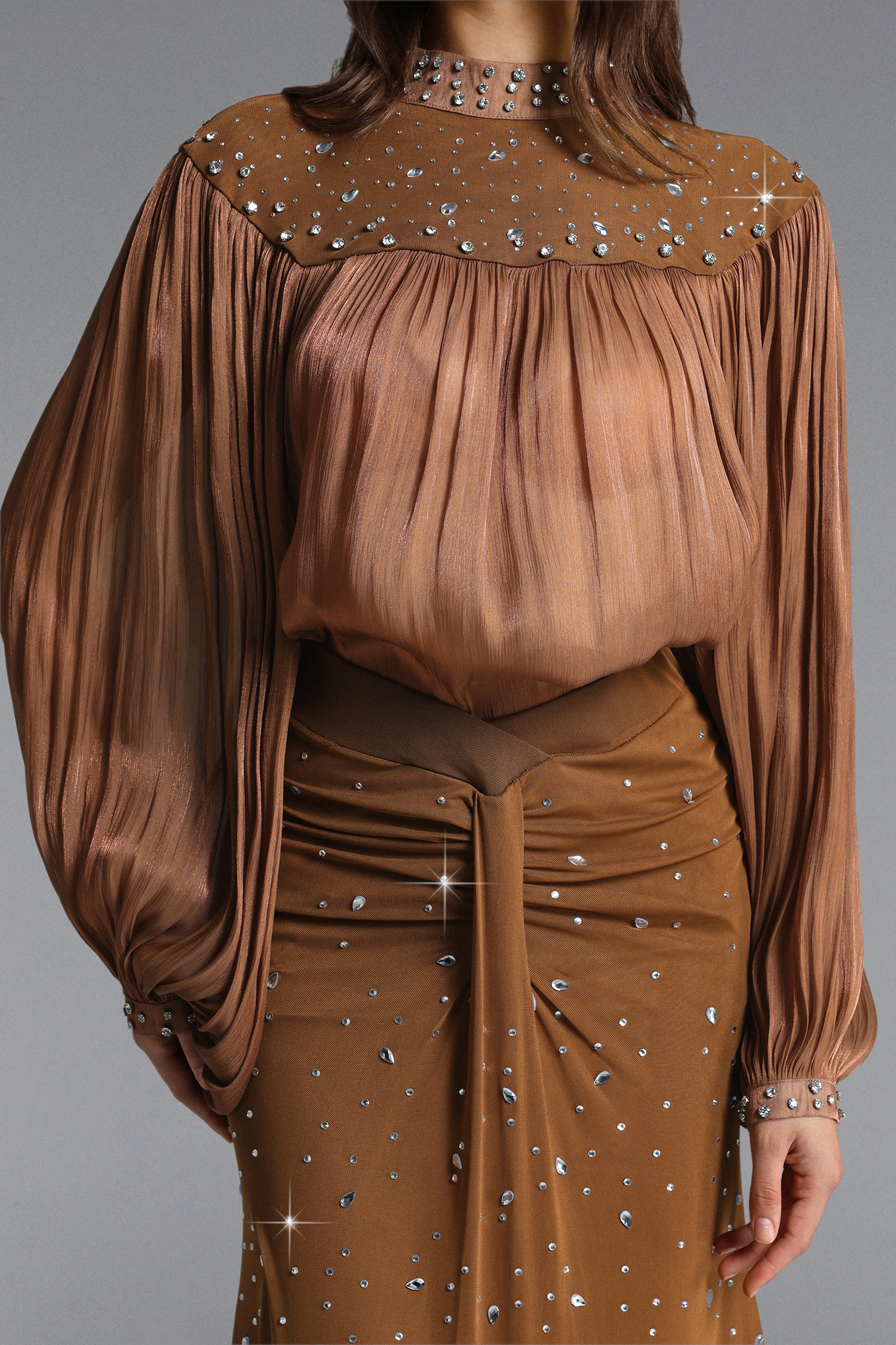 Odelia Elegant Flowy Long Sleeve Rhinestone Ruched Top and Skirt Set