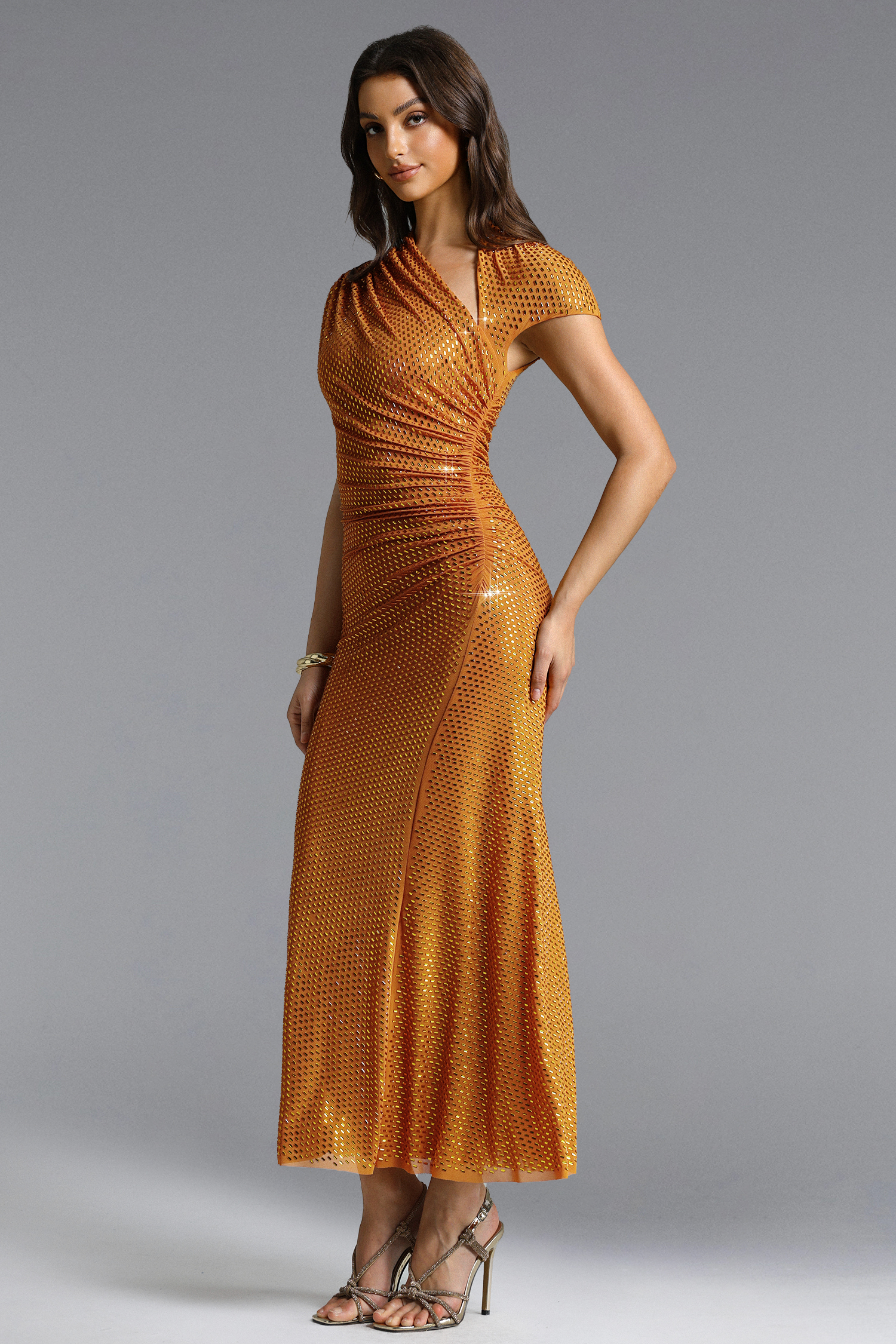 Pora Chic Contour Asymmetric Ruched Crystal Knit Maxi Dress