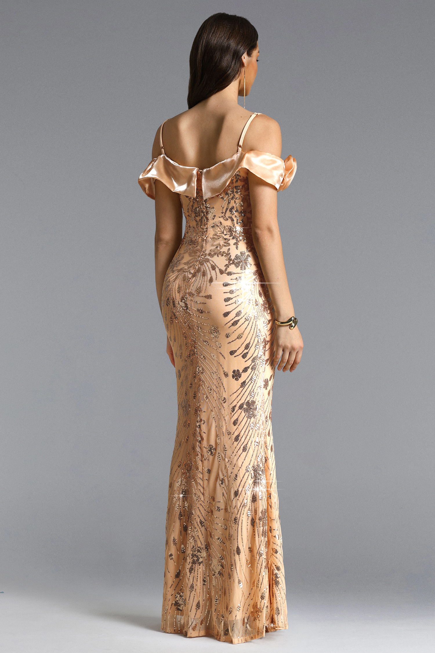 Julissa Glamorous Contour Off Shoulder Embellished Sequin Pattern Maxi Dress