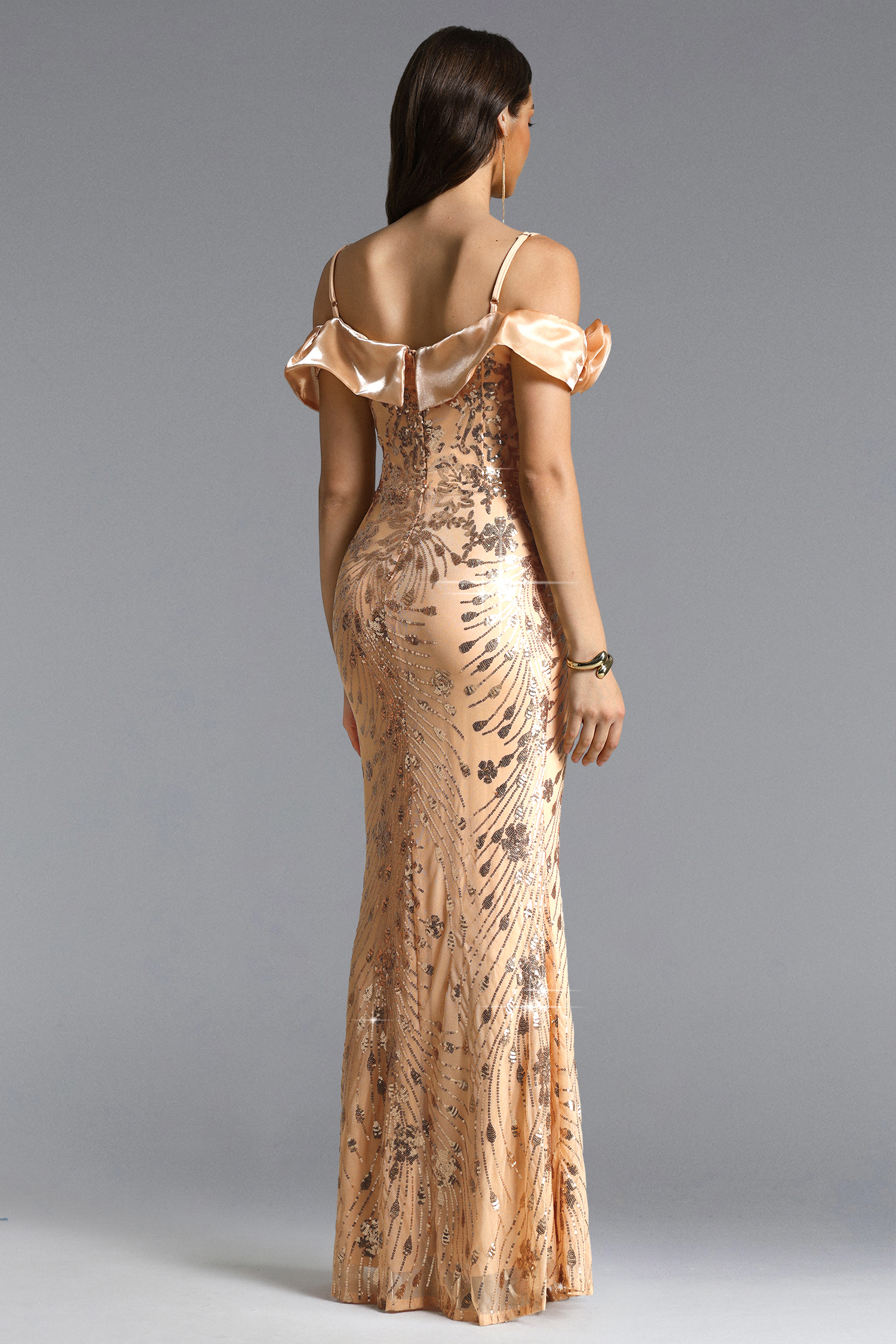 Julissa Glamorous Contour Off Shoulder Embellished Sequin Pattern Maxi Dress