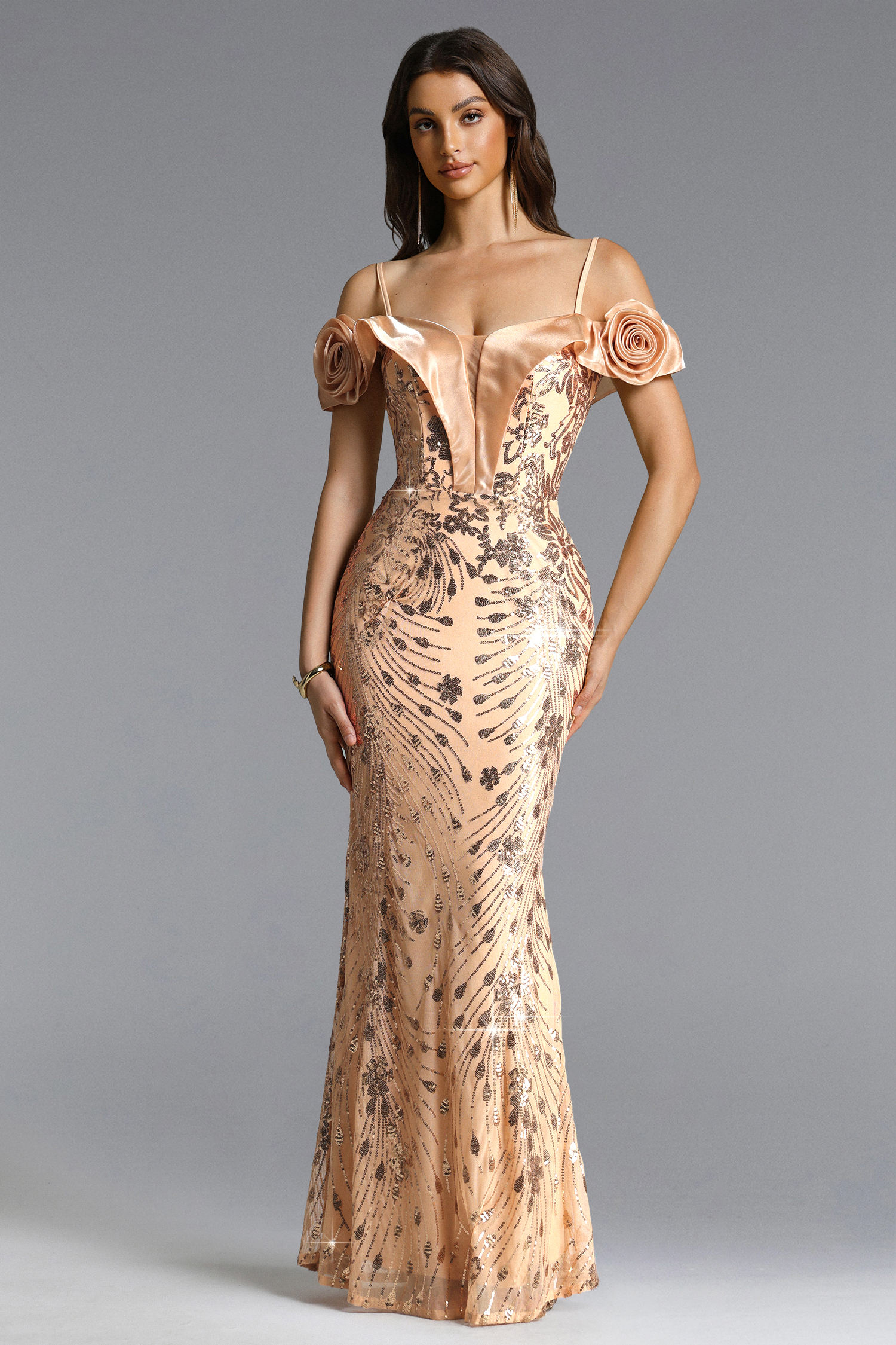 Julissa Glamorous Contour Off Shoulder Embellished Sequin Pattern Maxi Dress