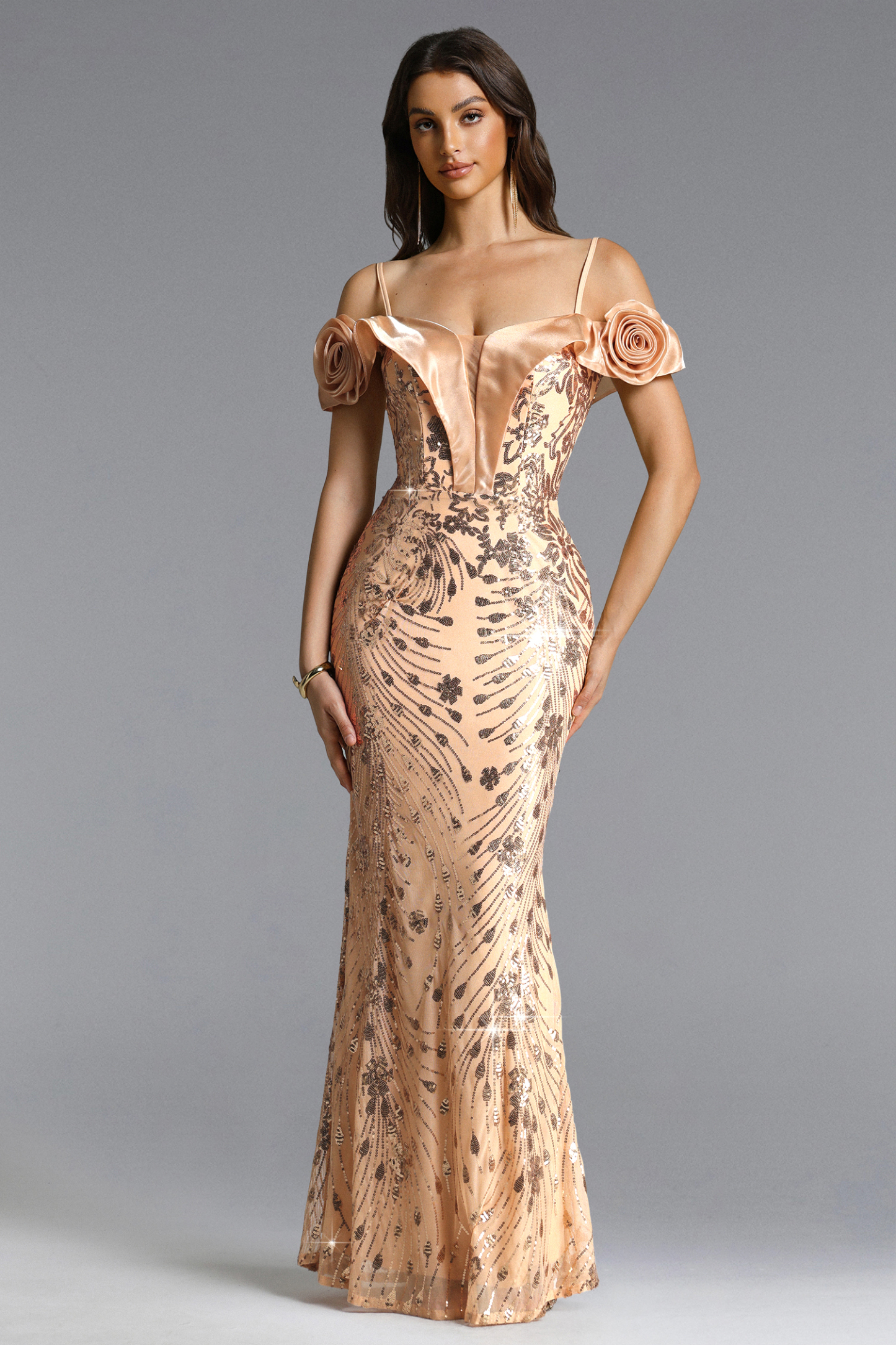 Julissa Glamorous Contour Off Shoulder Embellished Sequin Pattern Maxi Dress